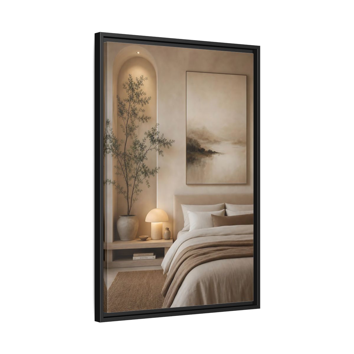 Side Mockup 14. Nature Misty Landscape Brown And Beige shown as stretched canvas wall art