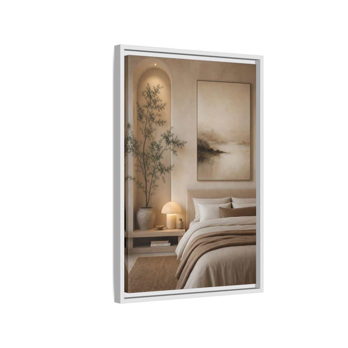 Side Mockup 1. Nature Misty Landscape Brown And Beige shown as stretched canvas wall art