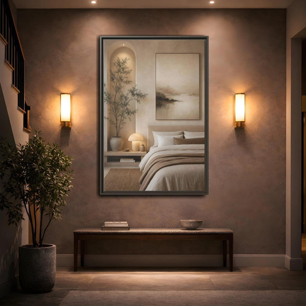 Mockup 2. Nature Misty Landscape Brown And Beige shown as stretched canvas wall art