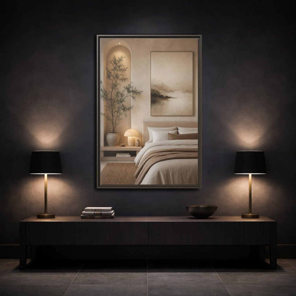Mockup 3. Nature Misty Landscape Brown And Beige shown as stretched canvas wall art