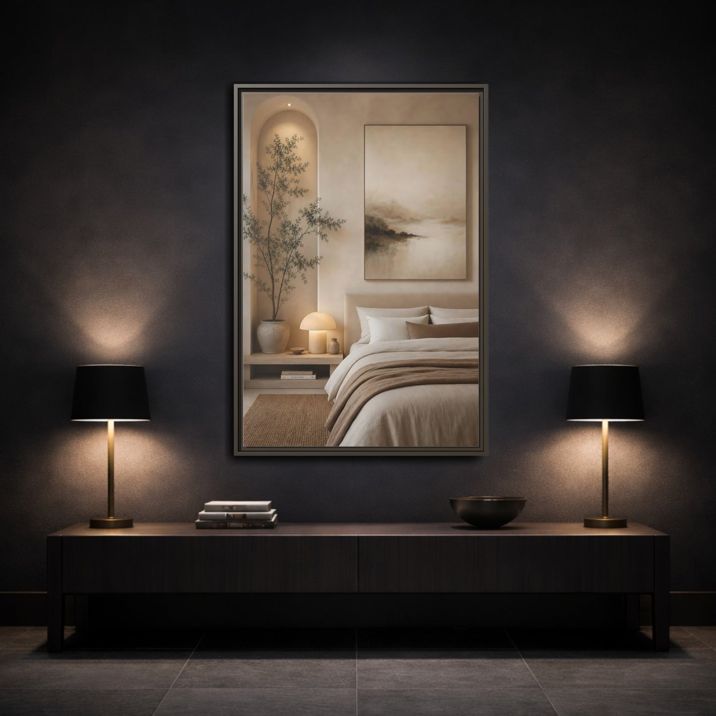 Mockup 3. Nature Misty Landscape Brown And Beige shown as stretched canvas wall art