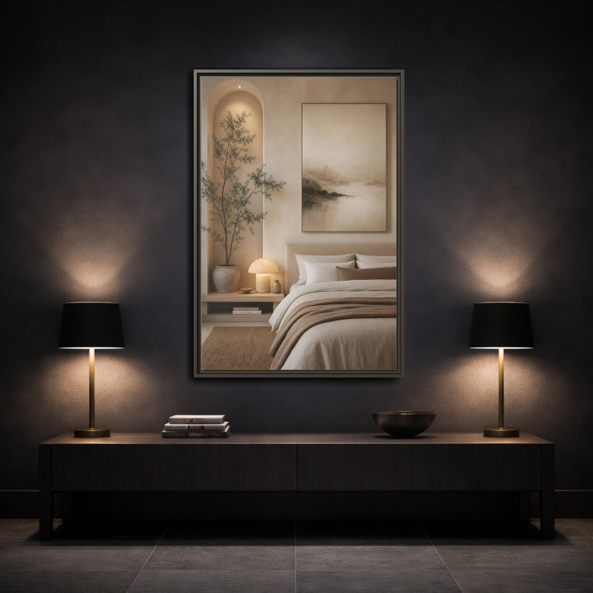 Mockup 3. Nature Misty Landscape Brown And Beige shown as stretched canvas wall art