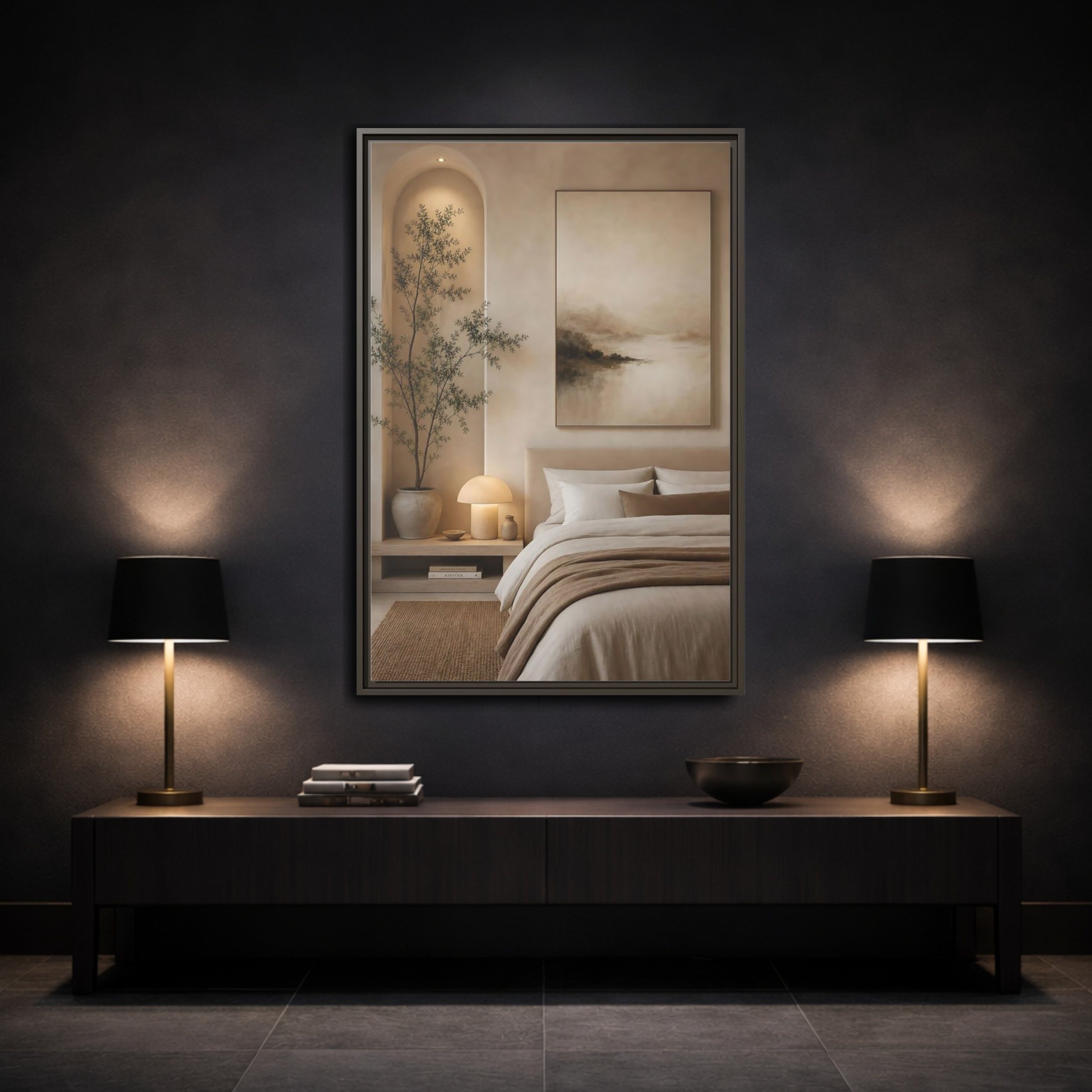Mockup 3. Nature Misty Landscape Brown And Beige shown as stretched canvas wall art