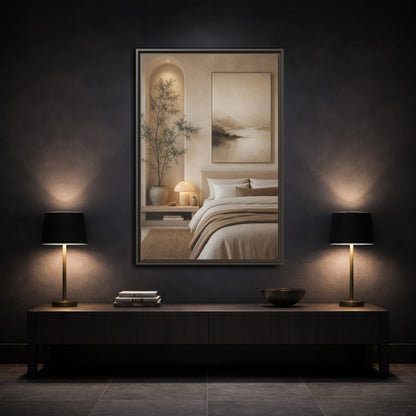 Mockup 3. Nature Misty Landscape Brown And Beige shown as stretched canvas wall art
