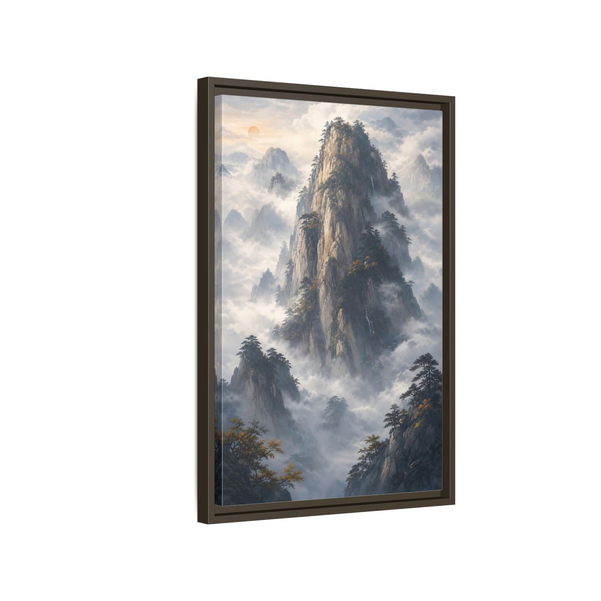 Nature Misty Mountains Framed Canvas Wall Art - Living Room Above Fireplace Earth Tones shown as canvas wall art