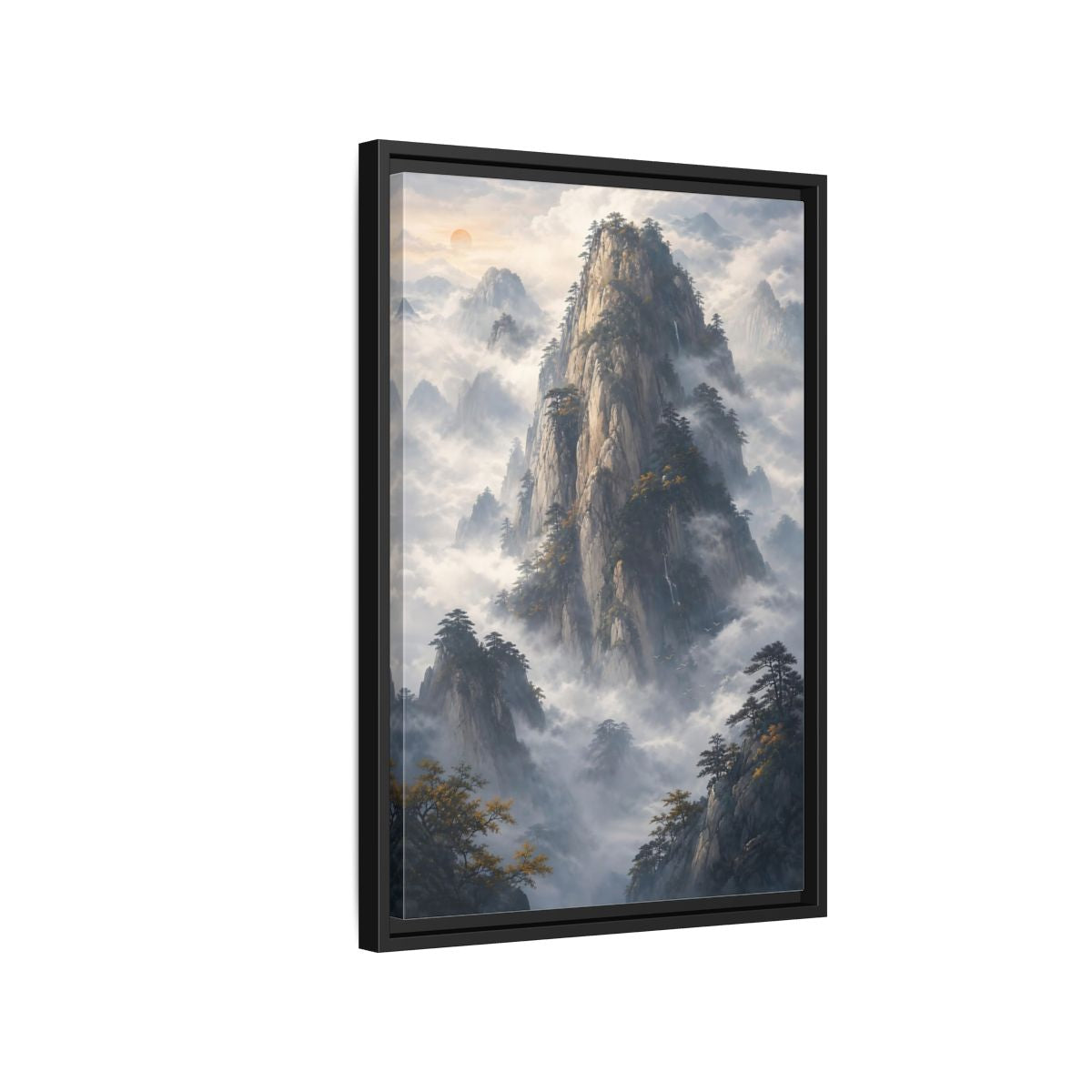 Nature Misty Mountains Framed Canvas Wall Art - Living Room Above Fireplace Earth Tones shown as canvas wall art