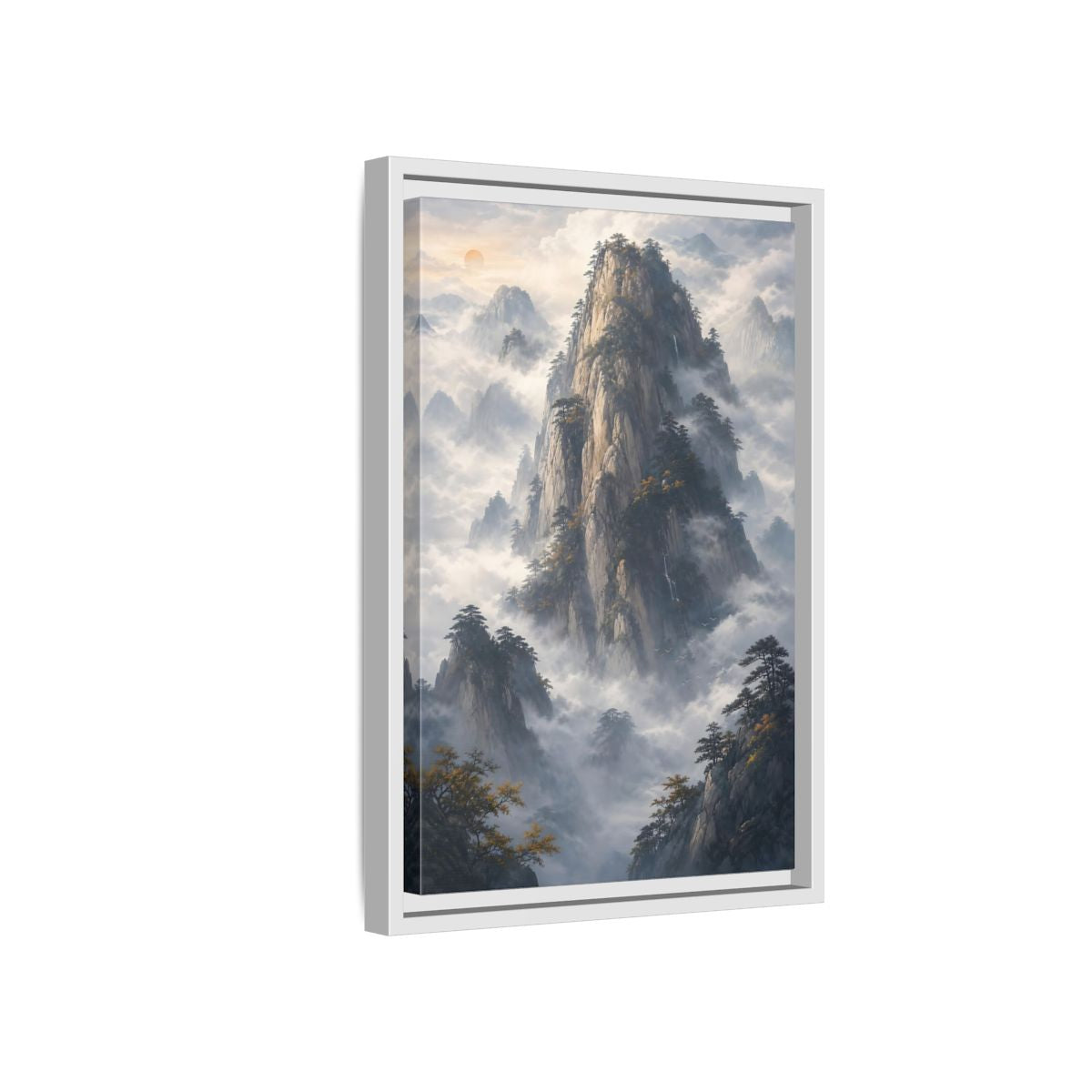 Nature Misty Mountains Framed Canvas Wall Art - Living Room Above Fireplace Earth Tones shown as canvas wall art