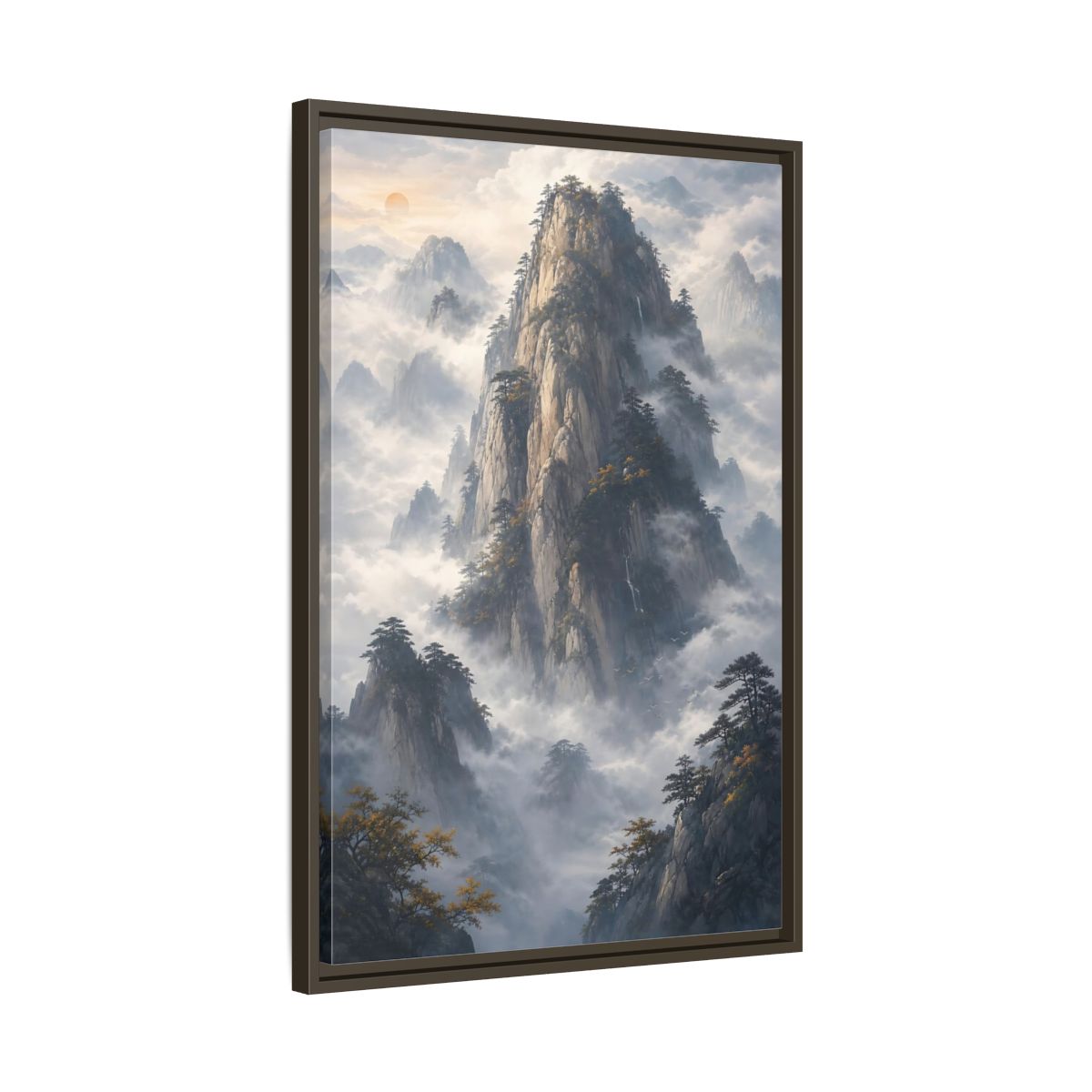 Nature Misty Mountains Framed Canvas Wall Art - Living Room Above Fireplace Earth Tones shown as canvas wall art