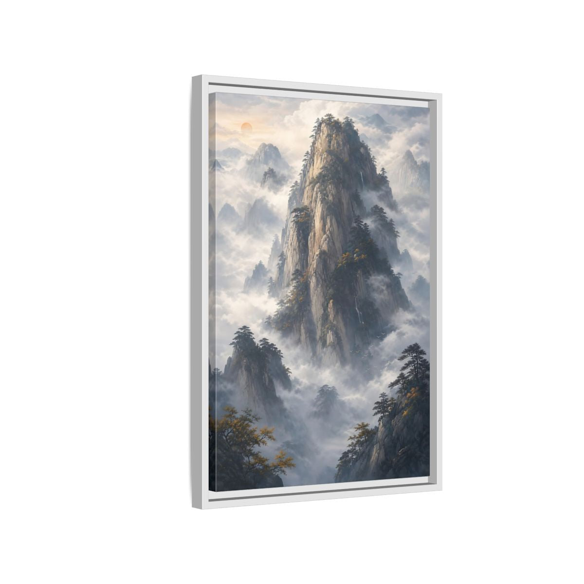 Nature Misty Mountains Framed Canvas Wall Art - Living Room Above Fireplace Earth Tones shown as canvas wall art