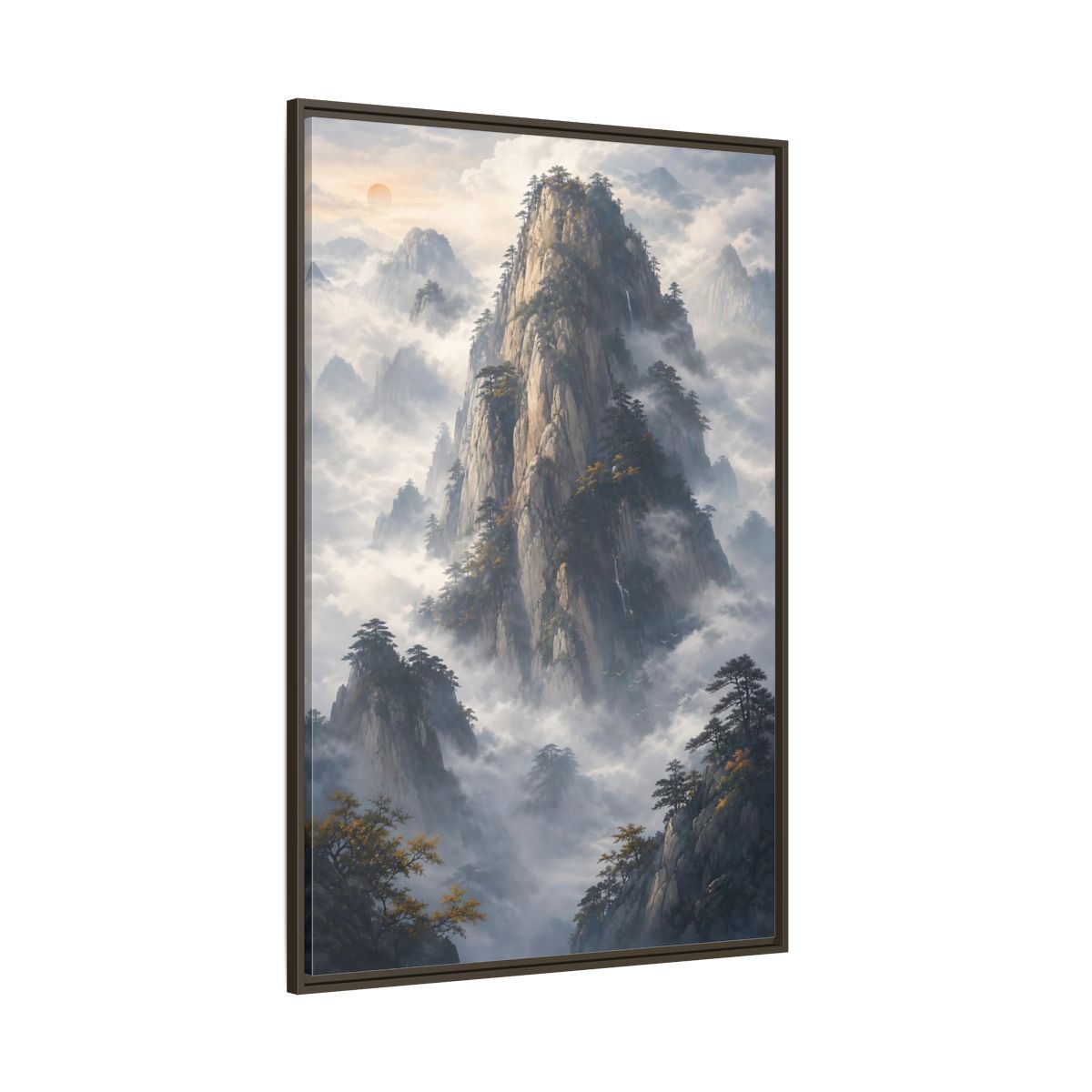 Nature Misty Mountains Framed Canvas Wall Art - Living Room Above Fireplace Earth Tones shown as canvas wall art