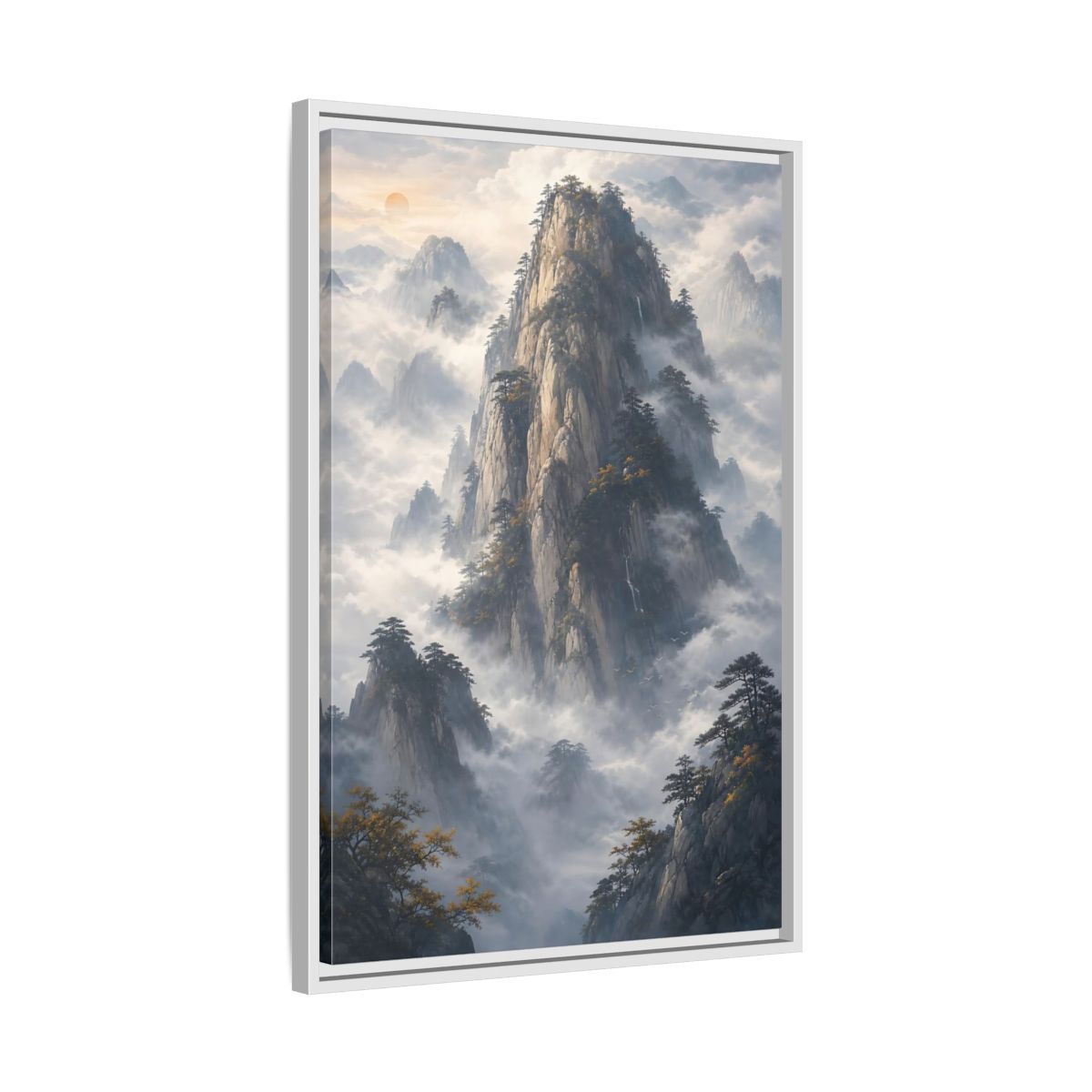 Nature Misty Mountains Framed Canvas Wall Art - Living Room Above Fireplace Earth Tones shown as canvas wall art
