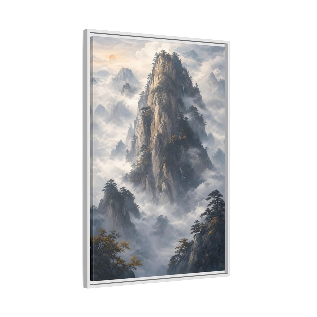 Nature Misty Mountains Framed Canvas Wall Art - Living Room Above Fireplace Earth Tones shown as canvas wall art