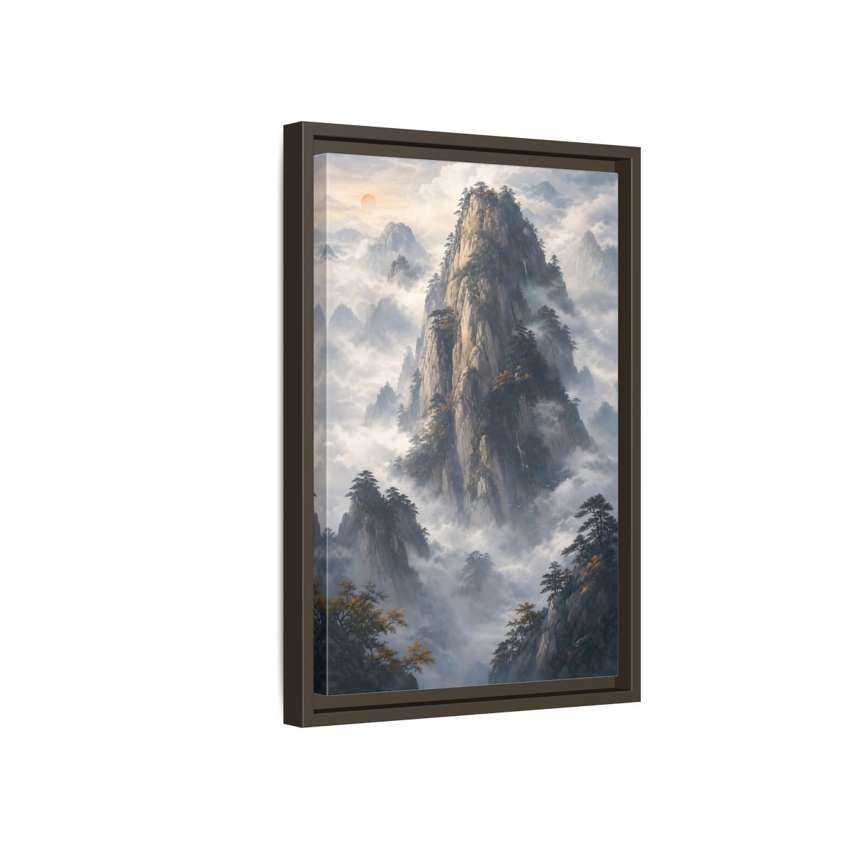 Nature Misty Mountains Framed Canvas Wall Art - Living Room Above Fireplace Earth Tones shown as canvas wall art
