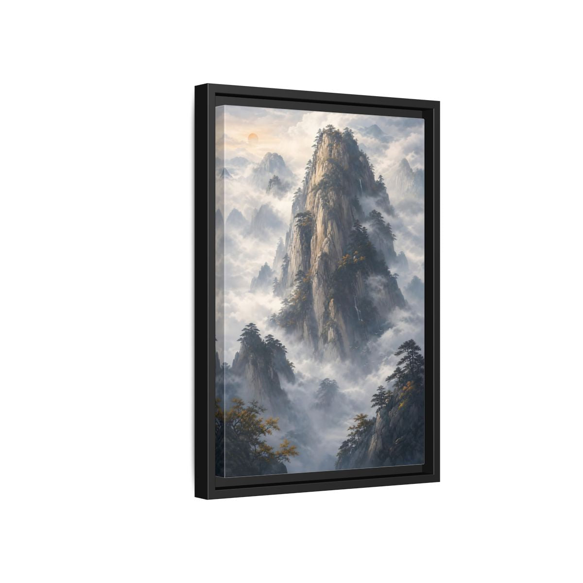 Nature Misty Mountains Framed Canvas Wall Art - Living Room Above Fireplace Earth Tones shown as canvas wall art