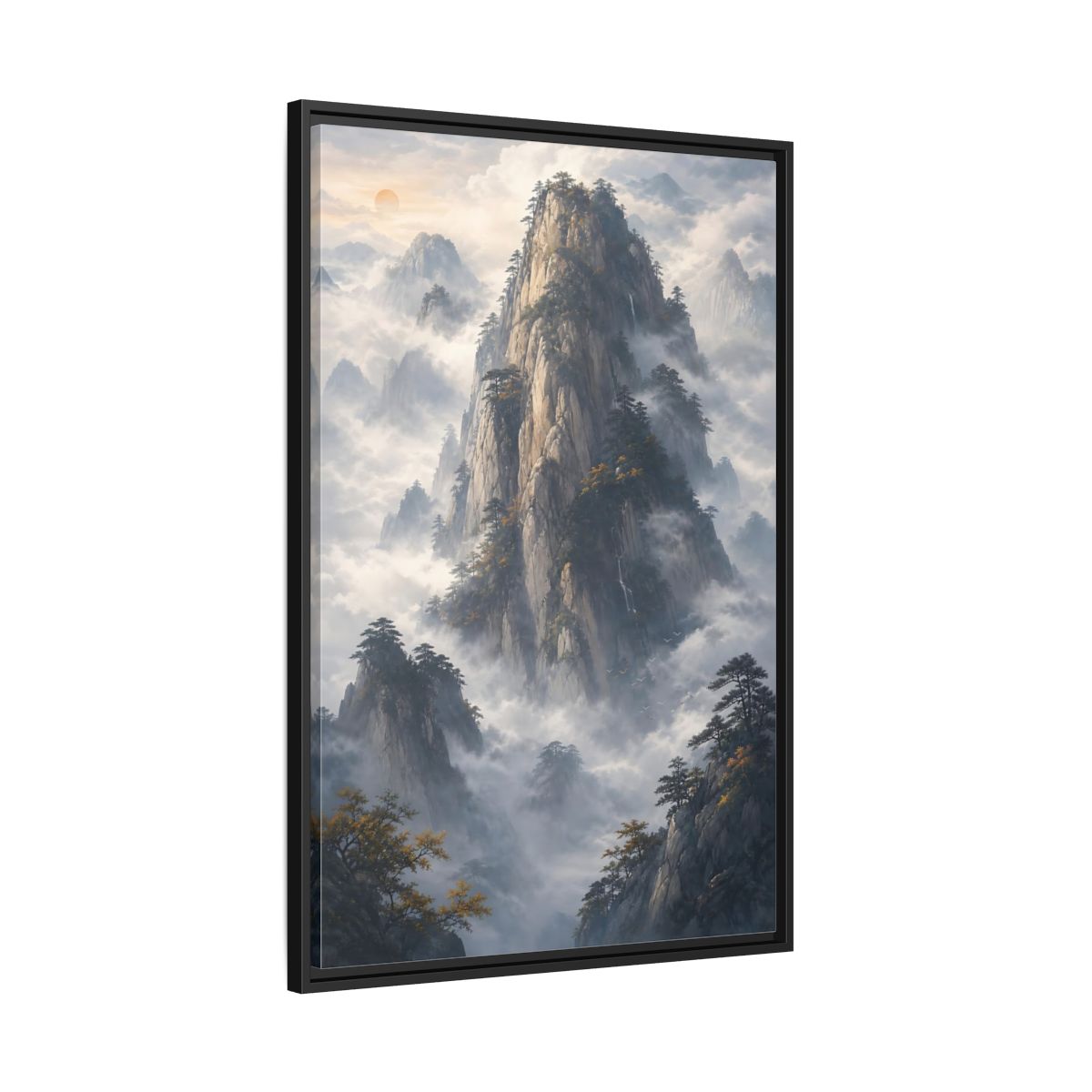 Nature Misty Mountains Framed Canvas Wall Art - Living Room Above Fireplace Earth Tones shown as canvas wall art