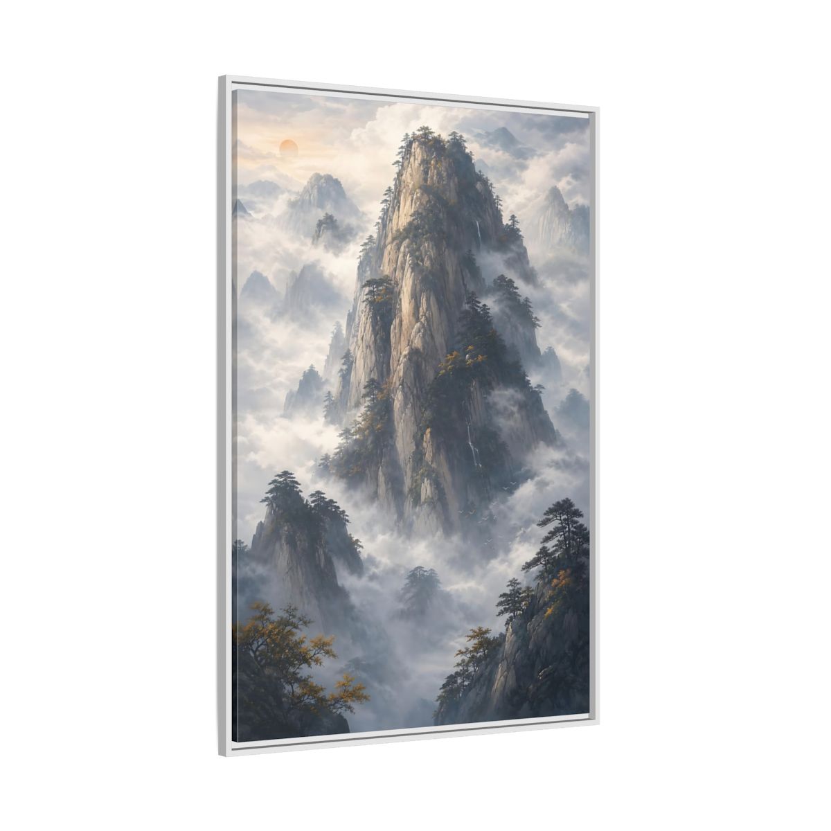 Nature Misty Mountains Framed Canvas Wall Art - Living Room Above Fireplace Earth Tones shown as canvas wall art
