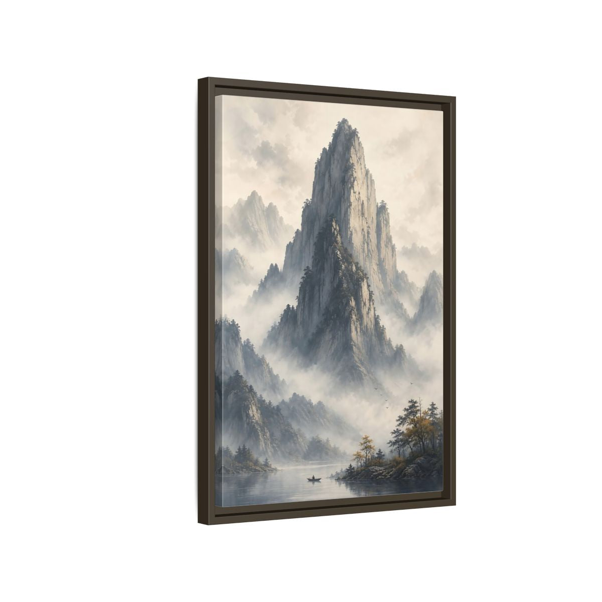 Nature Misty Mountains Grey Framed Canvas Wall Art - Living Room Muted Tones shown as canvas wall art