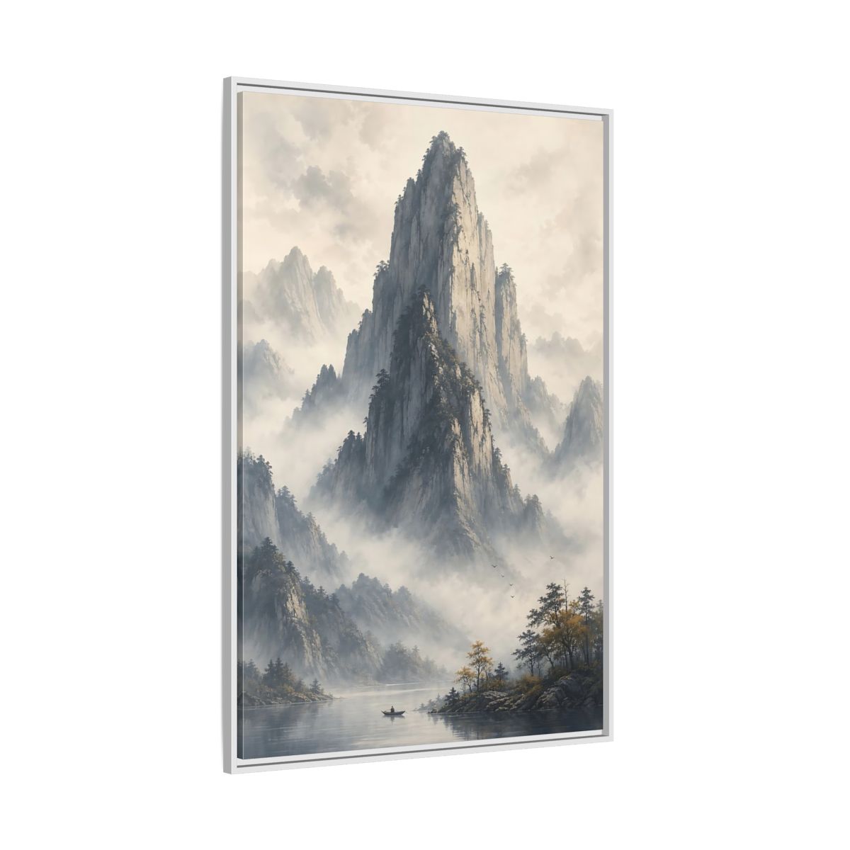 Nature Misty Mountains Grey Framed Canvas Wall Art - Living Room Muted Tones shown as canvas wall art