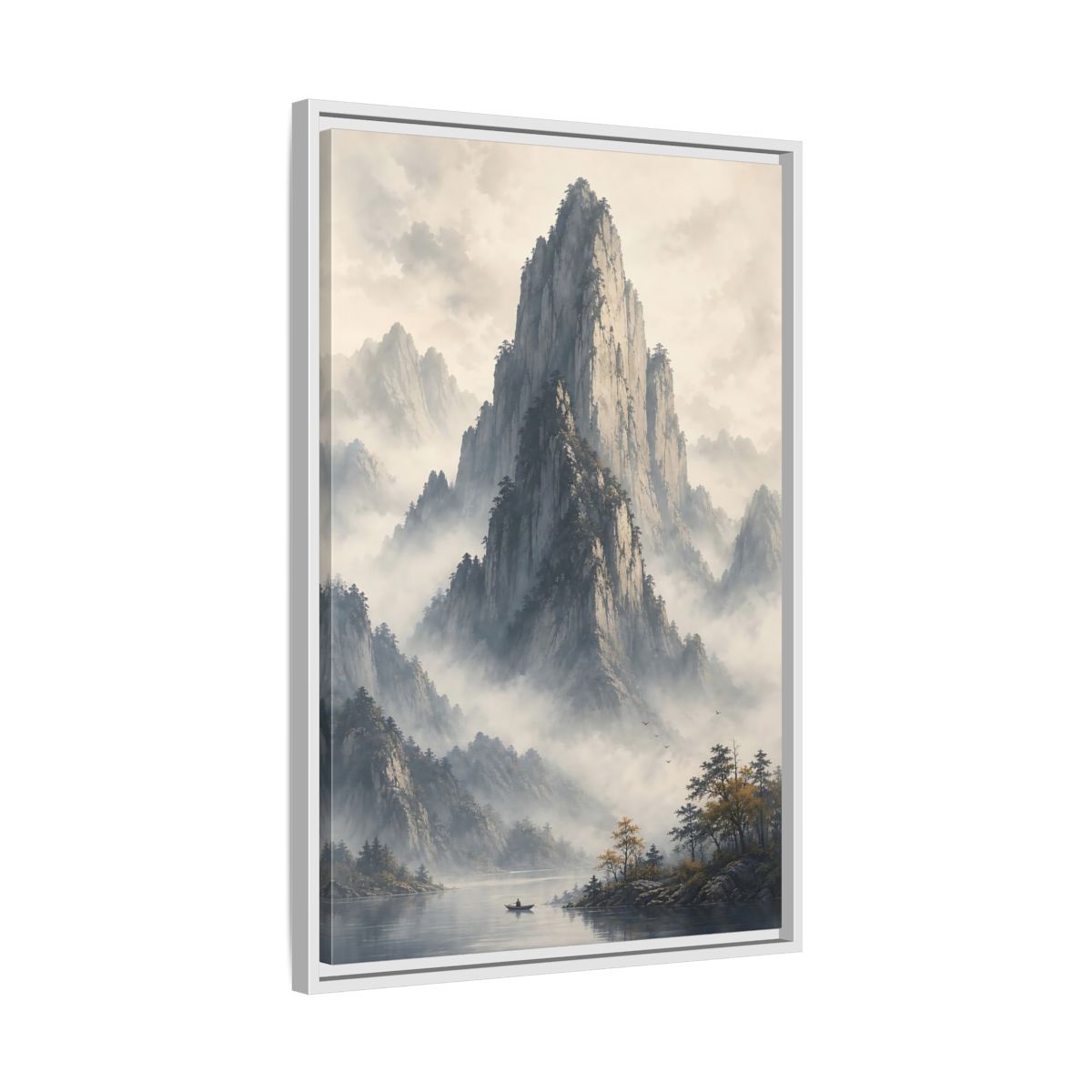 Nature Misty Mountains Grey Framed Canvas Wall Art - Living Room Muted Tones shown as canvas wall art