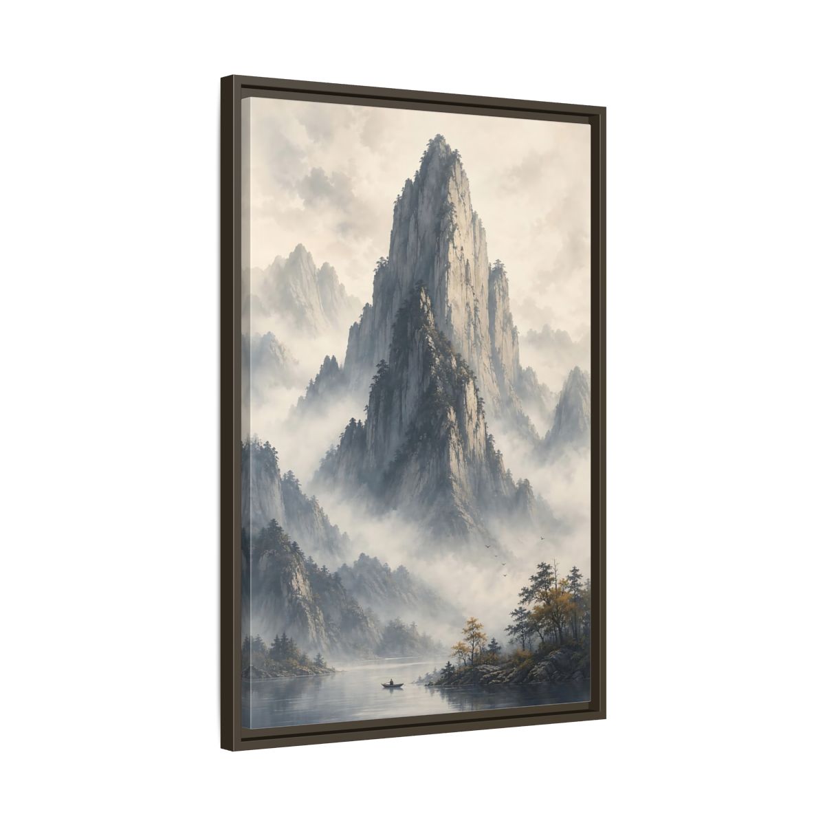 Nature Misty Mountains Grey Framed Canvas Wall Art - Living Room Muted Tones shown as canvas wall art