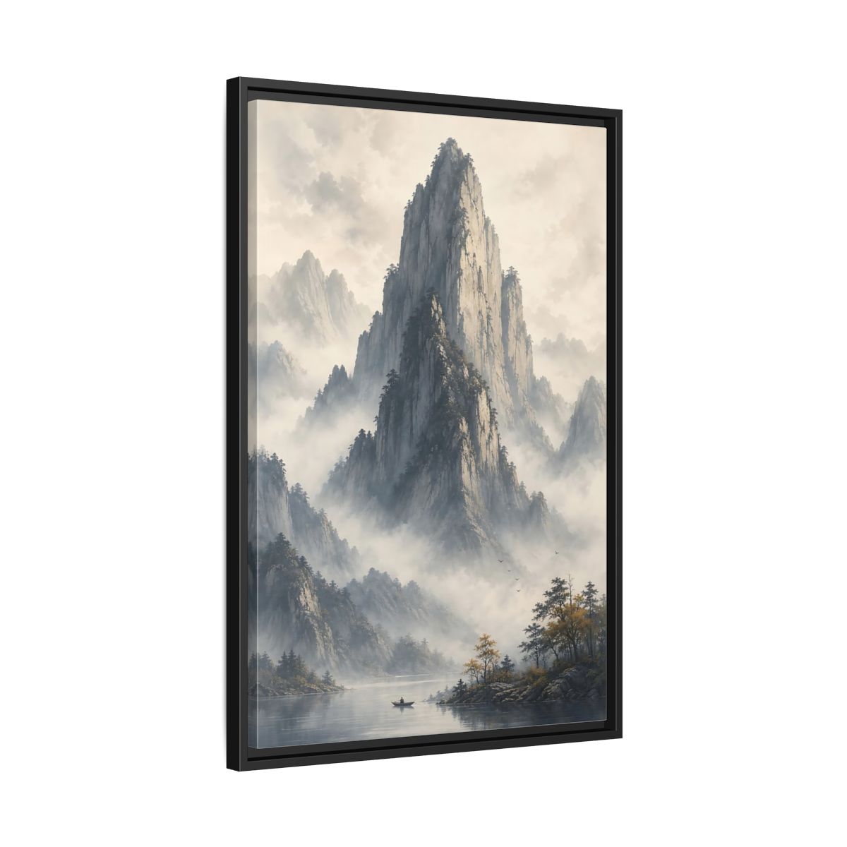 Nature Misty Mountains Grey Framed Canvas Wall Art - Living Room Muted Tones shown as canvas wall art