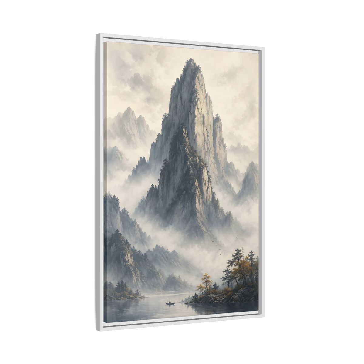 Nature Misty Mountains Grey Framed Canvas Wall Art - Living Room Muted Tones shown as canvas wall art