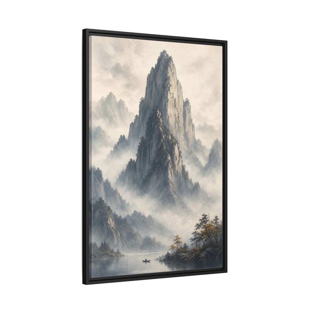 Nature Misty Mountains Grey Framed Canvas Wall Art - Living Room Muted Tones shown as canvas wall art