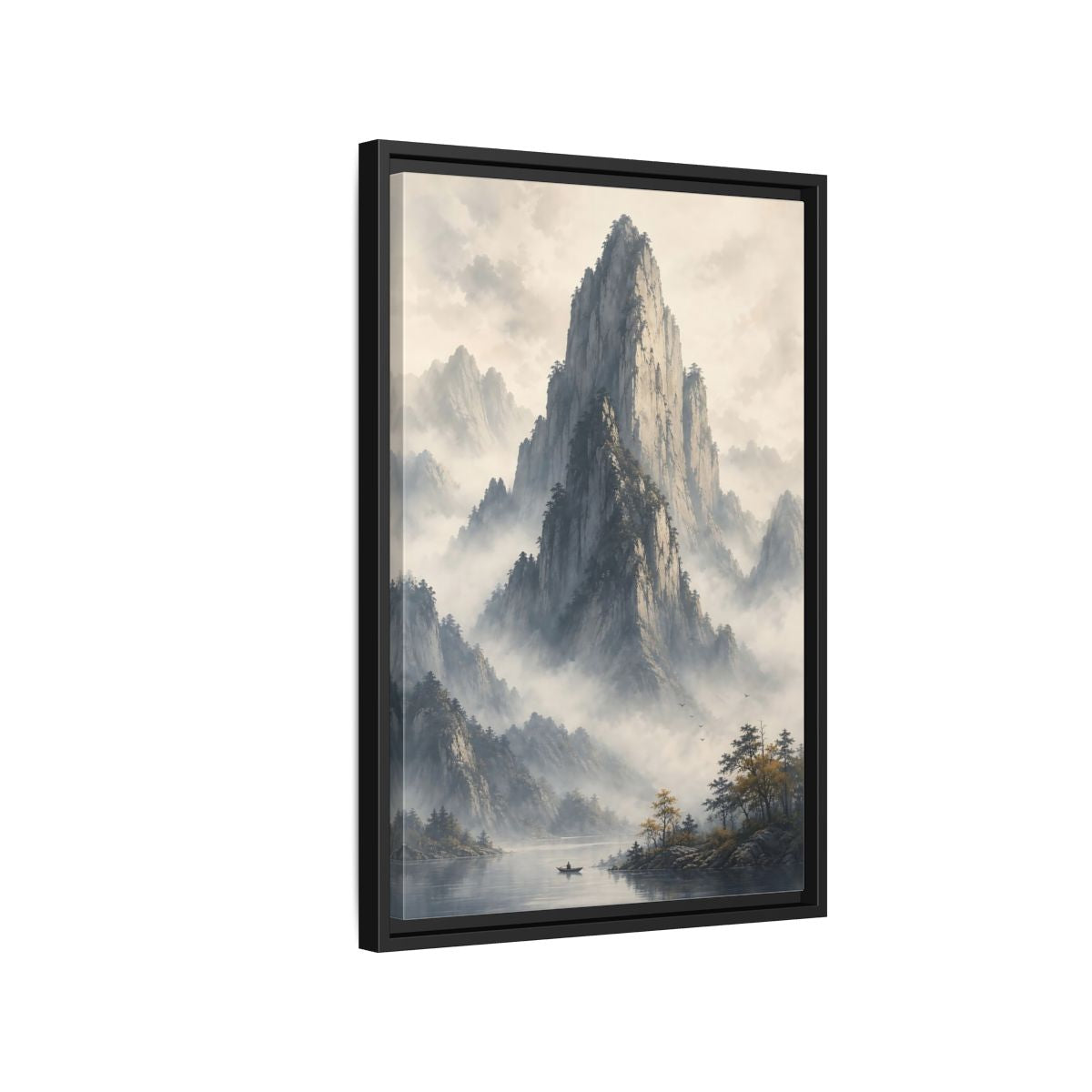 Nature Misty Mountains Grey Framed Canvas Wall Art - Living Room Muted Tones shown as canvas wall art