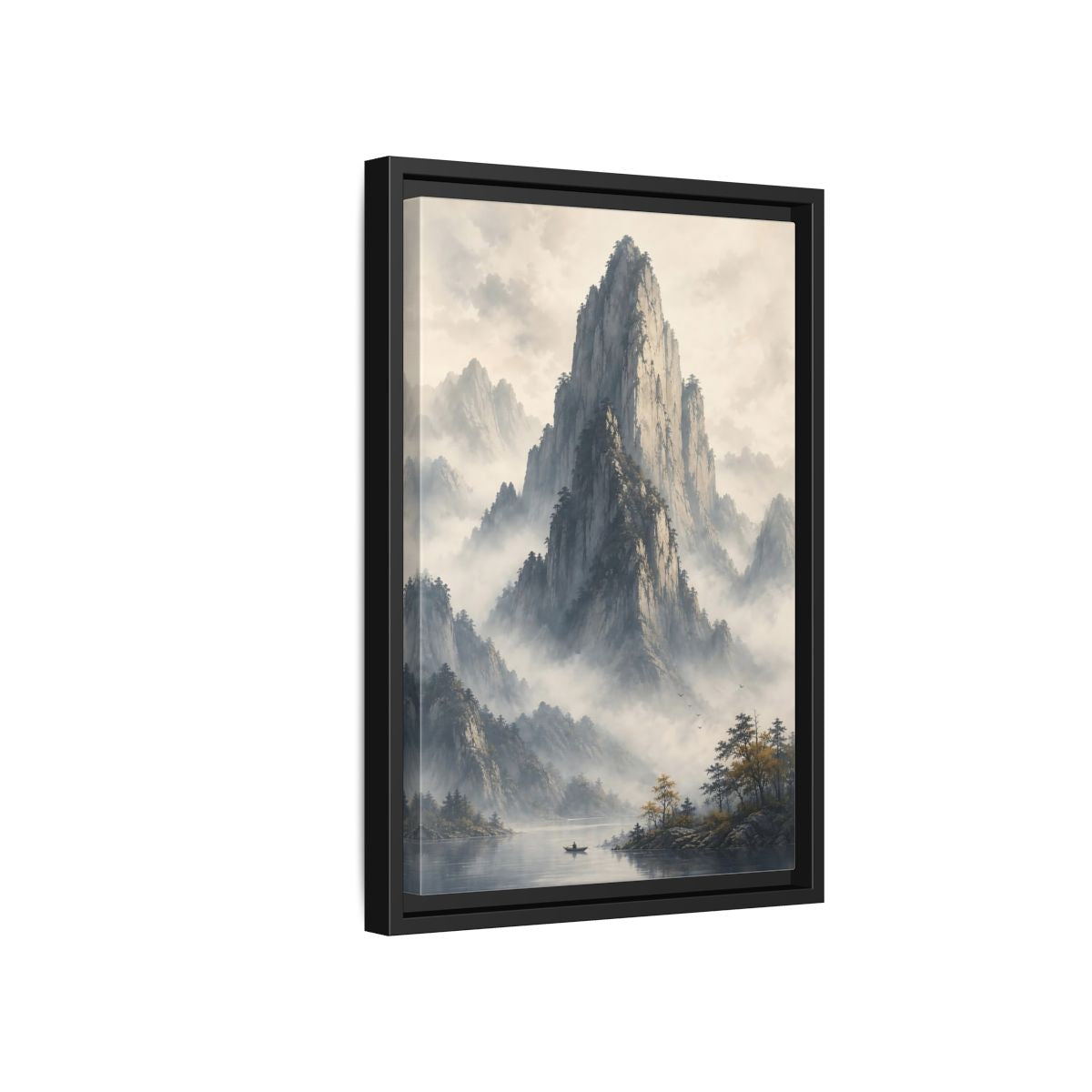 Nature Misty Mountains Grey Framed Canvas Wall Art - Living Room Muted Tones shown as canvas wall art