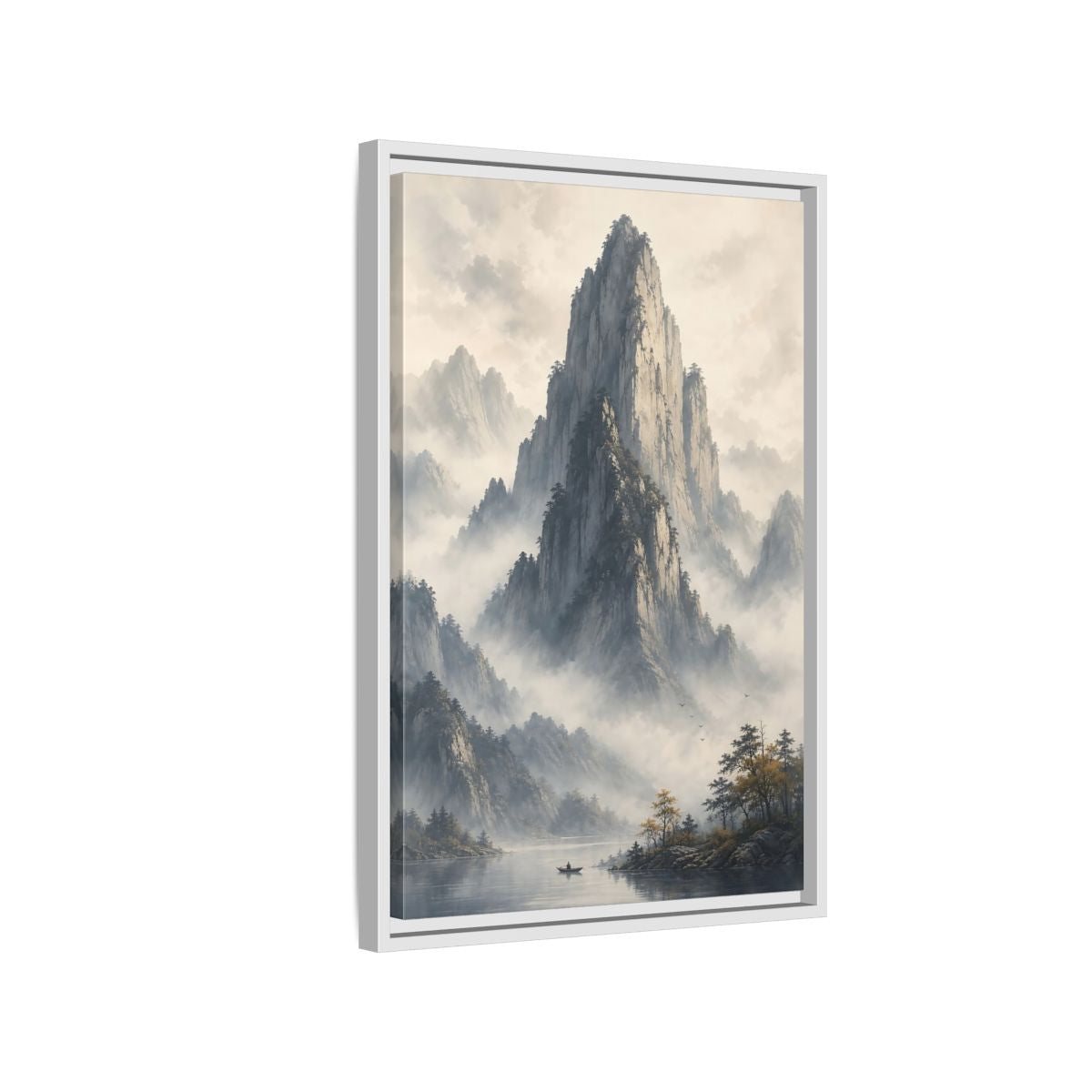 Nature Misty Mountains Grey Framed Canvas Wall Art - Living Room Muted Tones shown as canvas wall art