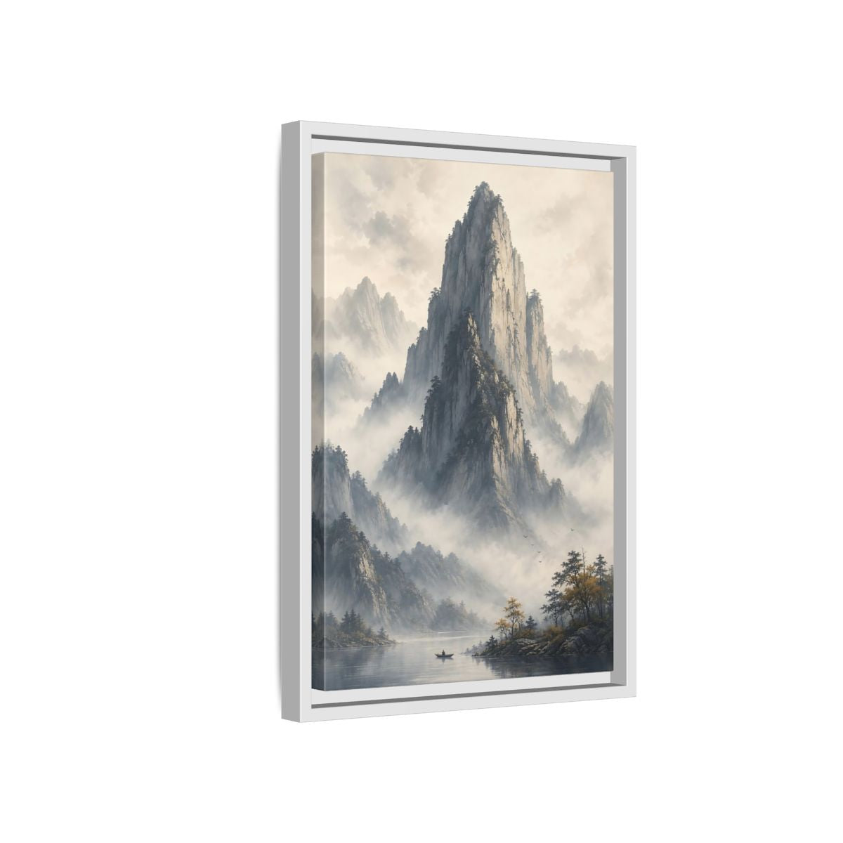 Nature Misty Mountains Grey Framed Canvas Wall Art - Living Room Muted Tones shown as canvas wall art