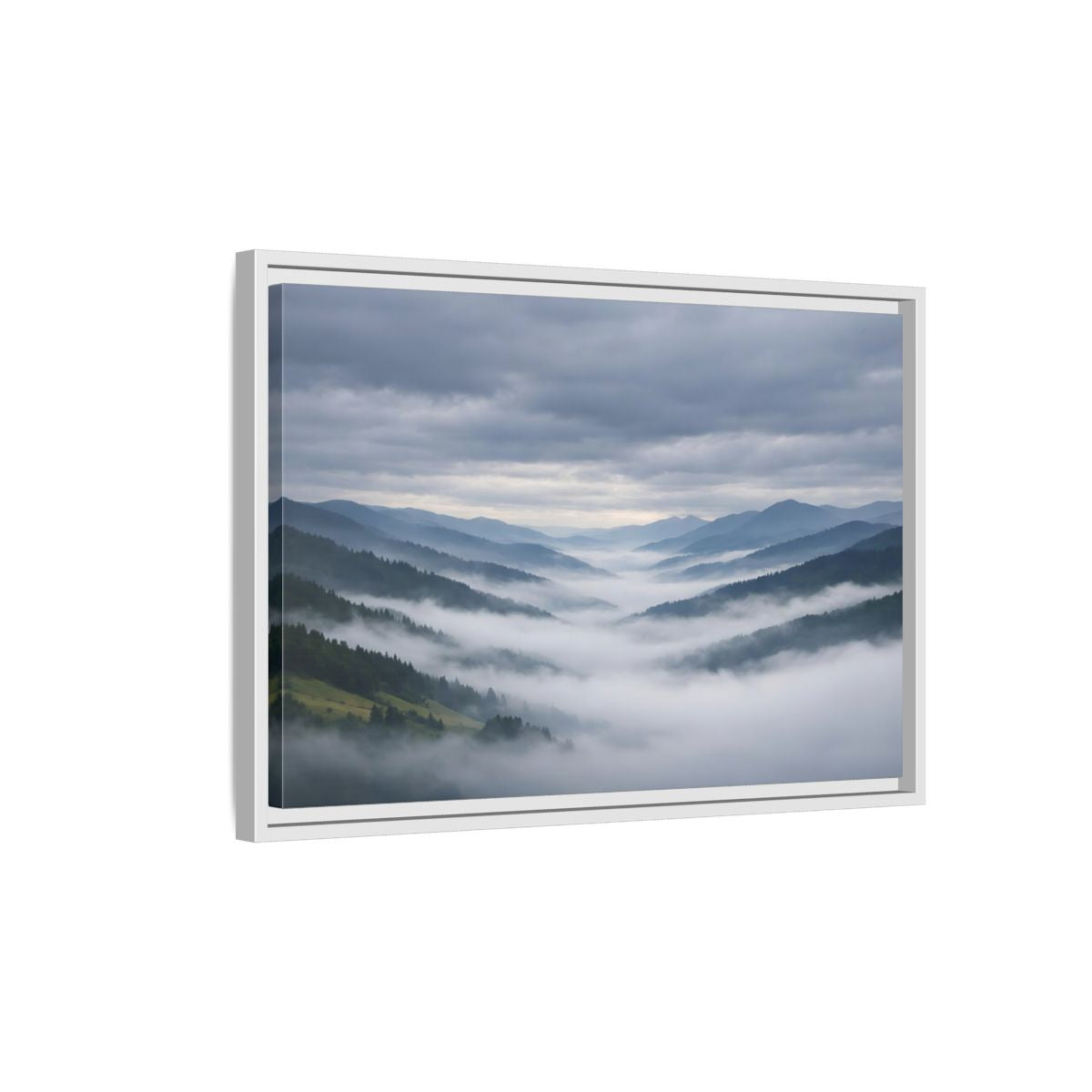 Side Mockup 1. Nature Misty Mountains Misty Mountain Landscape shown as stretched canvas wall art
