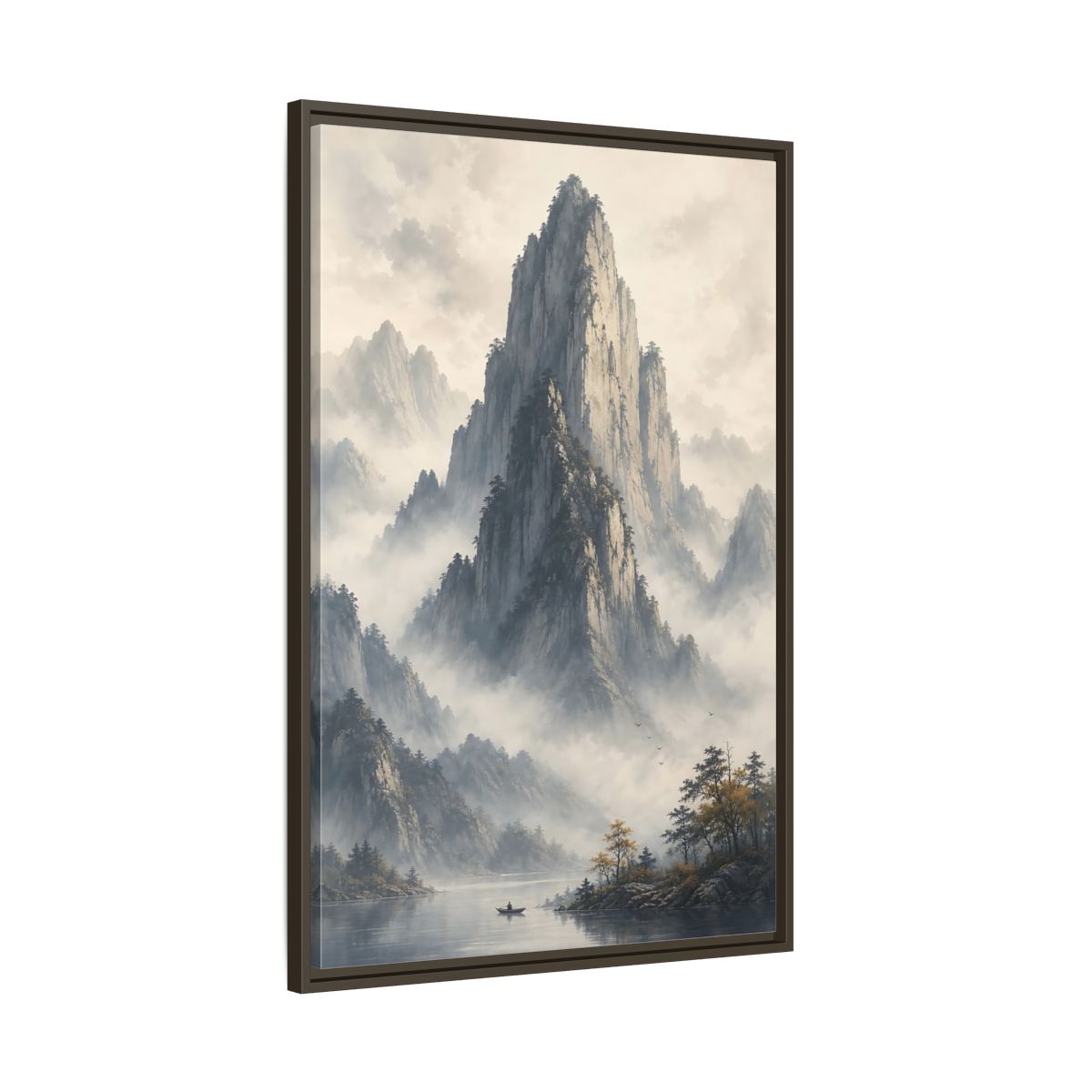 Nature Misty Mountains Grey Framed Canvas Wall Art - Living Room Muted Tones shown as canvas wall art