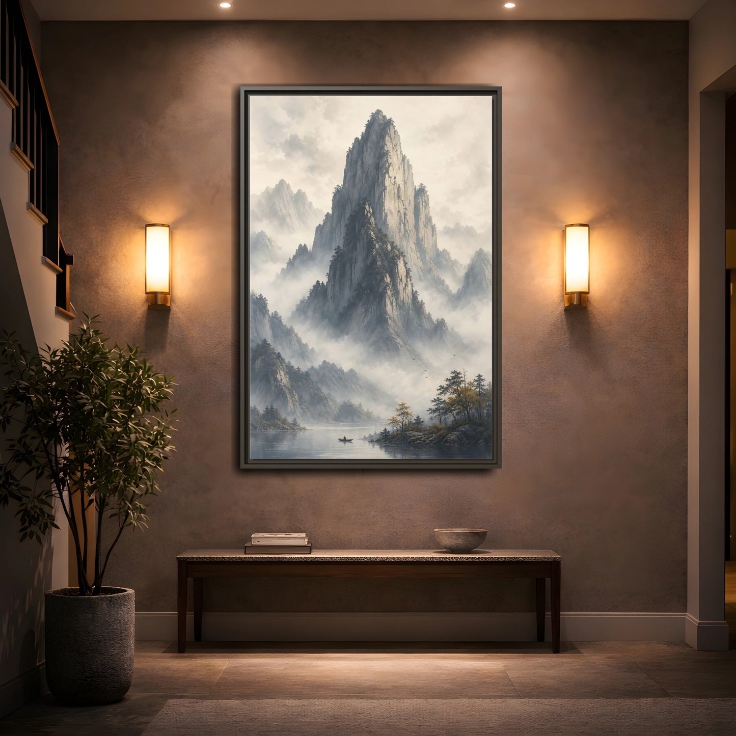 Nature Misty Mountains Grey Framed Canvas Wall Art - Living Room Muted Tones shown as canvas wall art