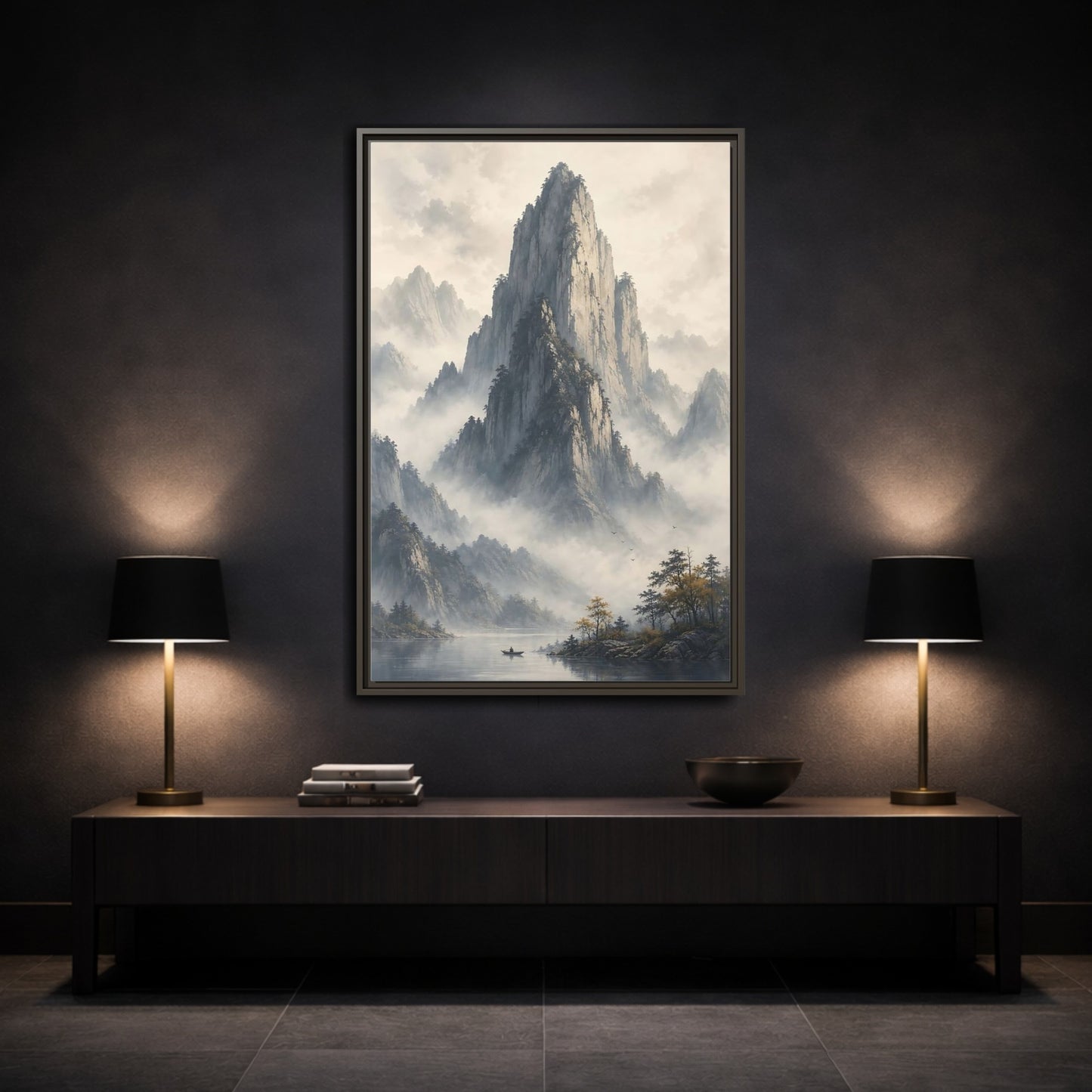 Nature Misty Mountains Grey Framed Canvas Wall Art - Living Room Muted Tones shown as canvas wall art