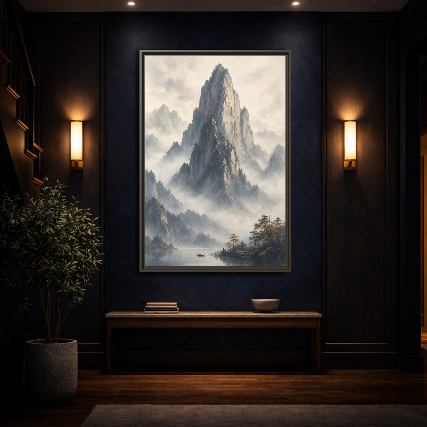 Nature Misty Mountains Grey Framed Canvas Wall Art - Living Room Muted Tones shown as canvas wall art