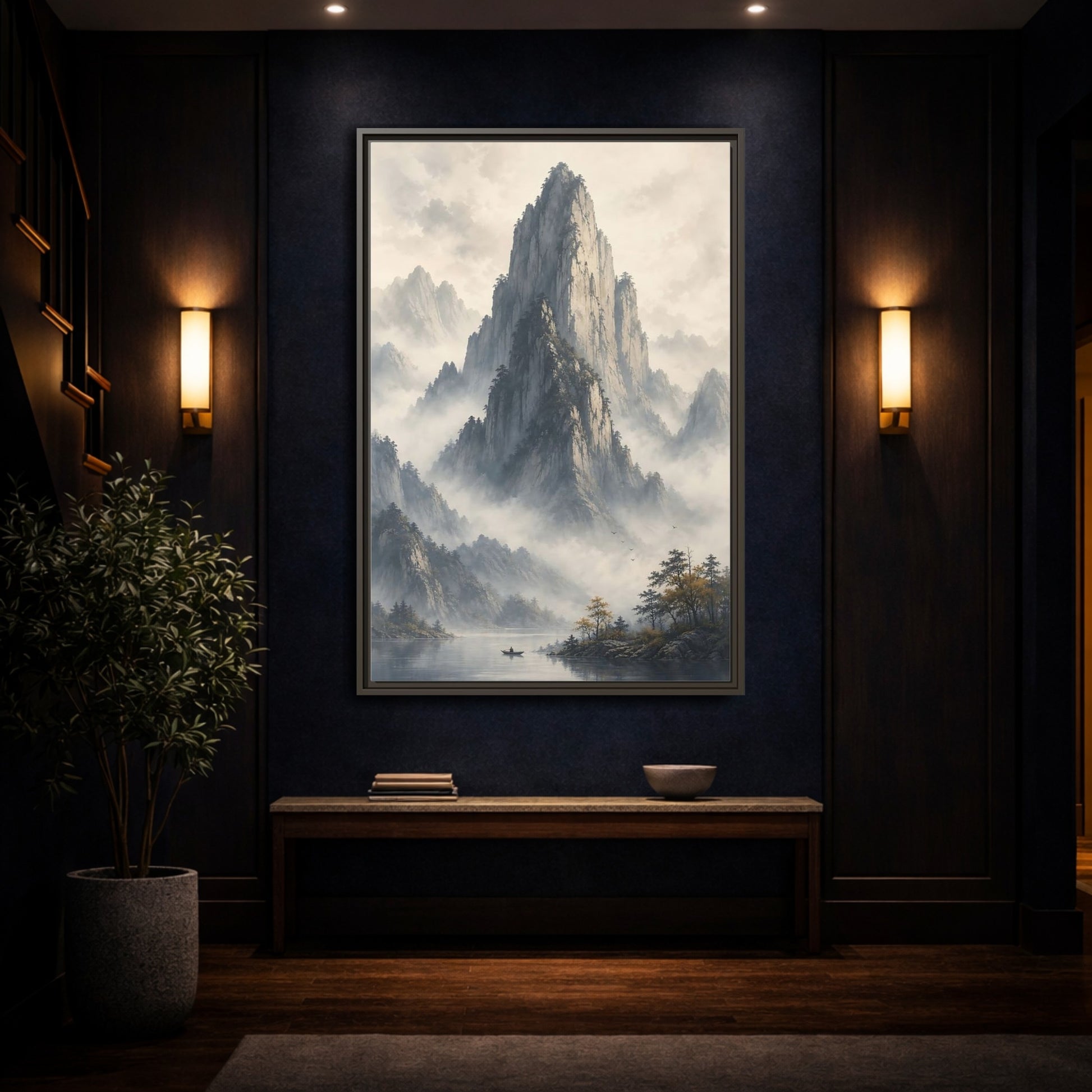 Nature Misty Mountains Grey Framed Canvas Wall Art - Living Room Muted Tones shown as canvas wall art