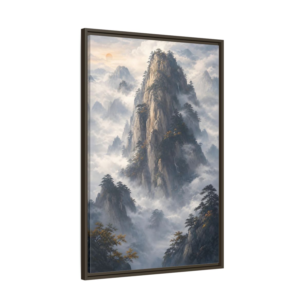 Nature Misty Mountains Framed Canvas Wall Art - Living Room Above Fireplace Earth Tones shown as canvas wall art