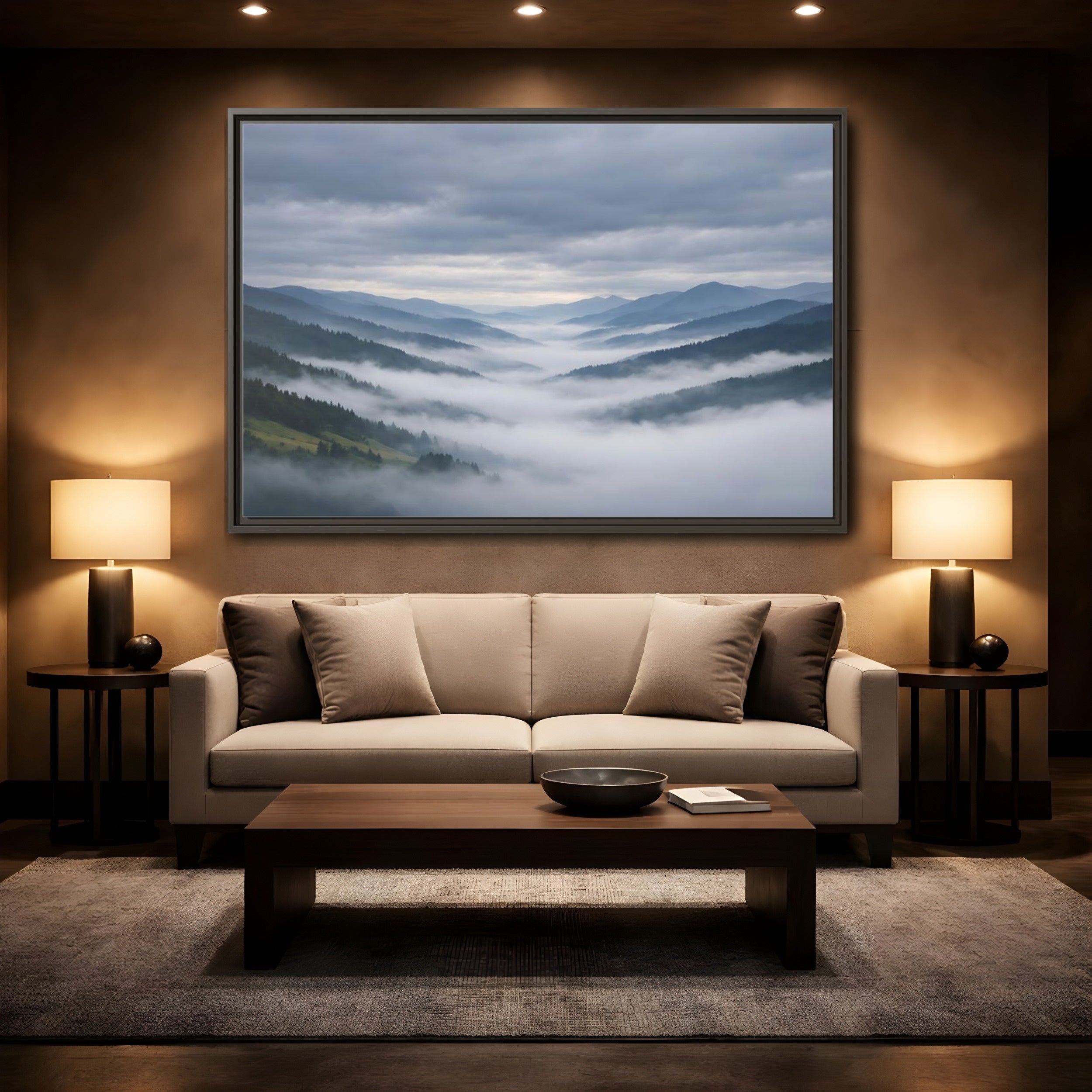 Mockup 2. Nature Misty Mountains Misty Mountain Landscape shown as stretched canvas wall art
