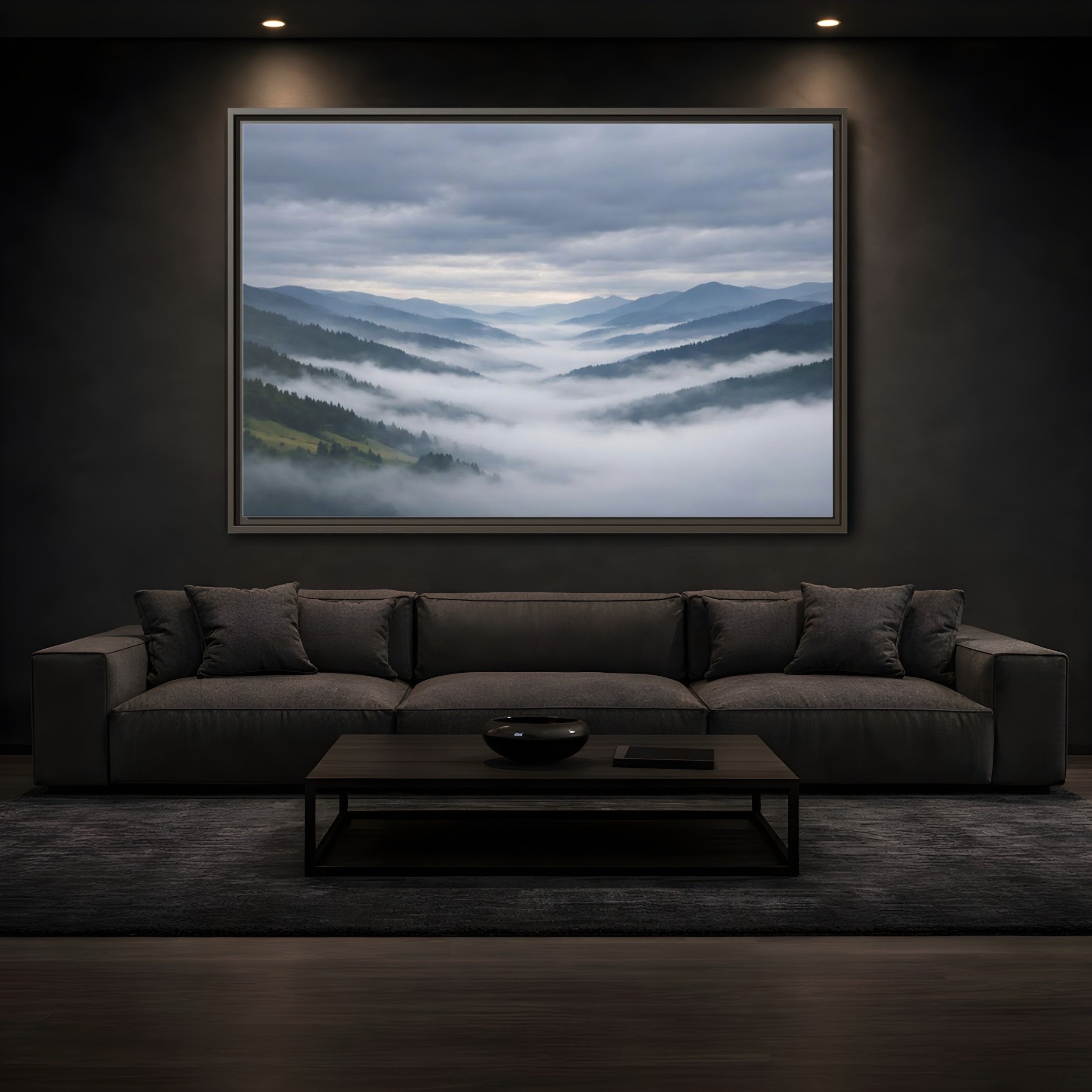 Mockup 3. Nature Misty Mountains Misty Mountain Landscape shown as stretched canvas wall art