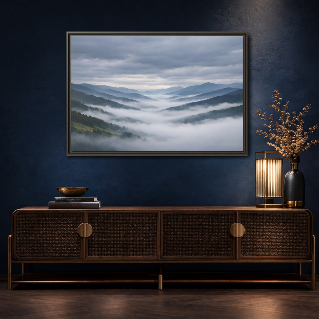 Mockup 4. Nature Misty Mountains Misty Mountain Landscape shown as stretched canvas wall art