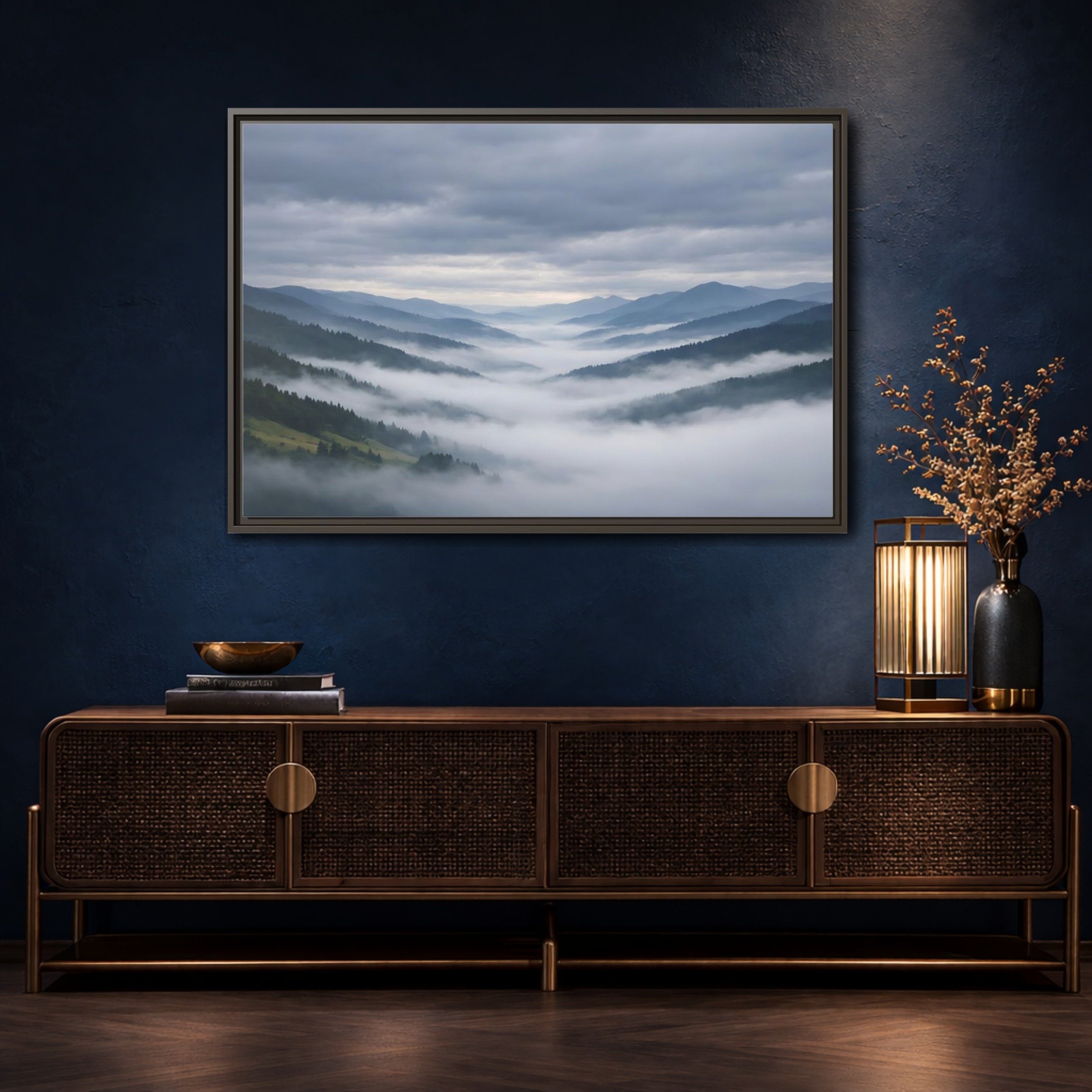 Mockup 4. Nature Misty Mountains Misty Mountain Landscape shown as stretched canvas wall art