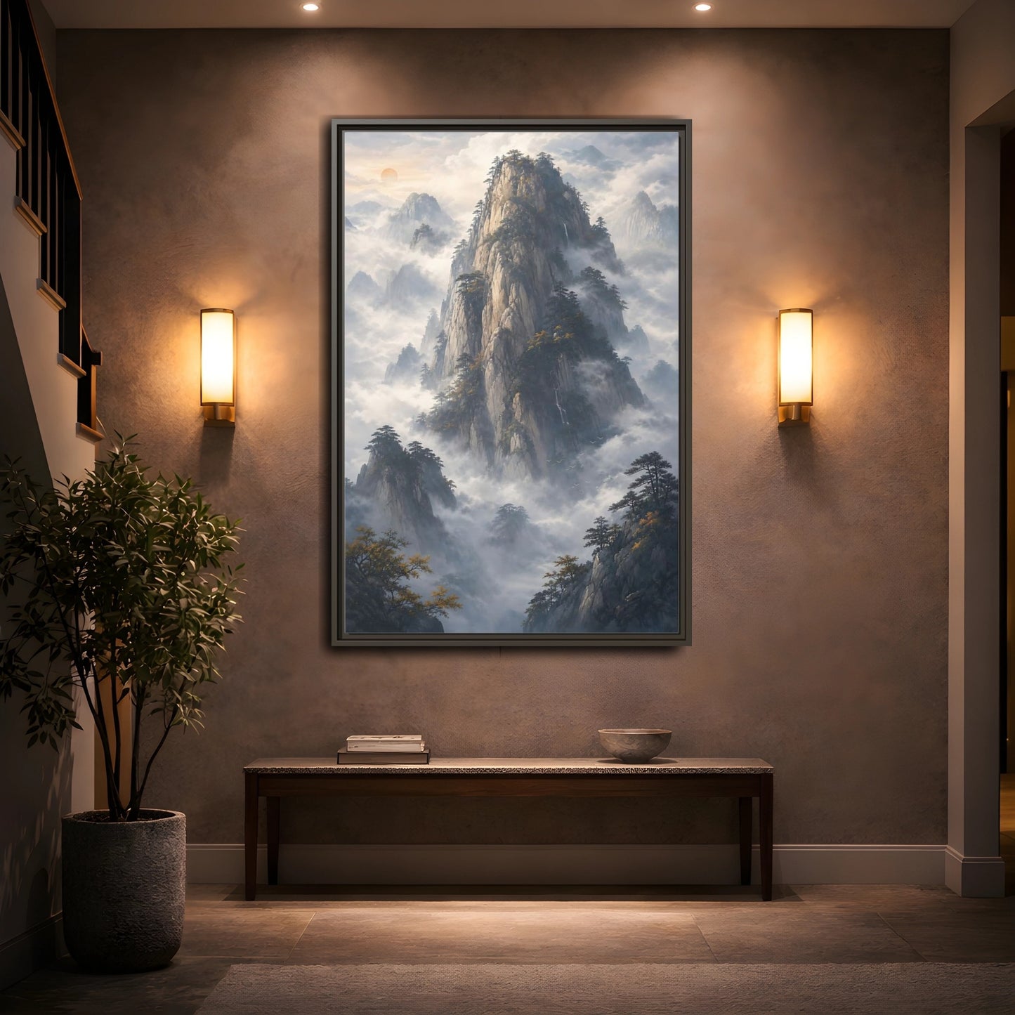 Nature Misty Mountains Framed Canvas Wall Art - Living Room Above Fireplace Earth Tones shown as canvas wall art