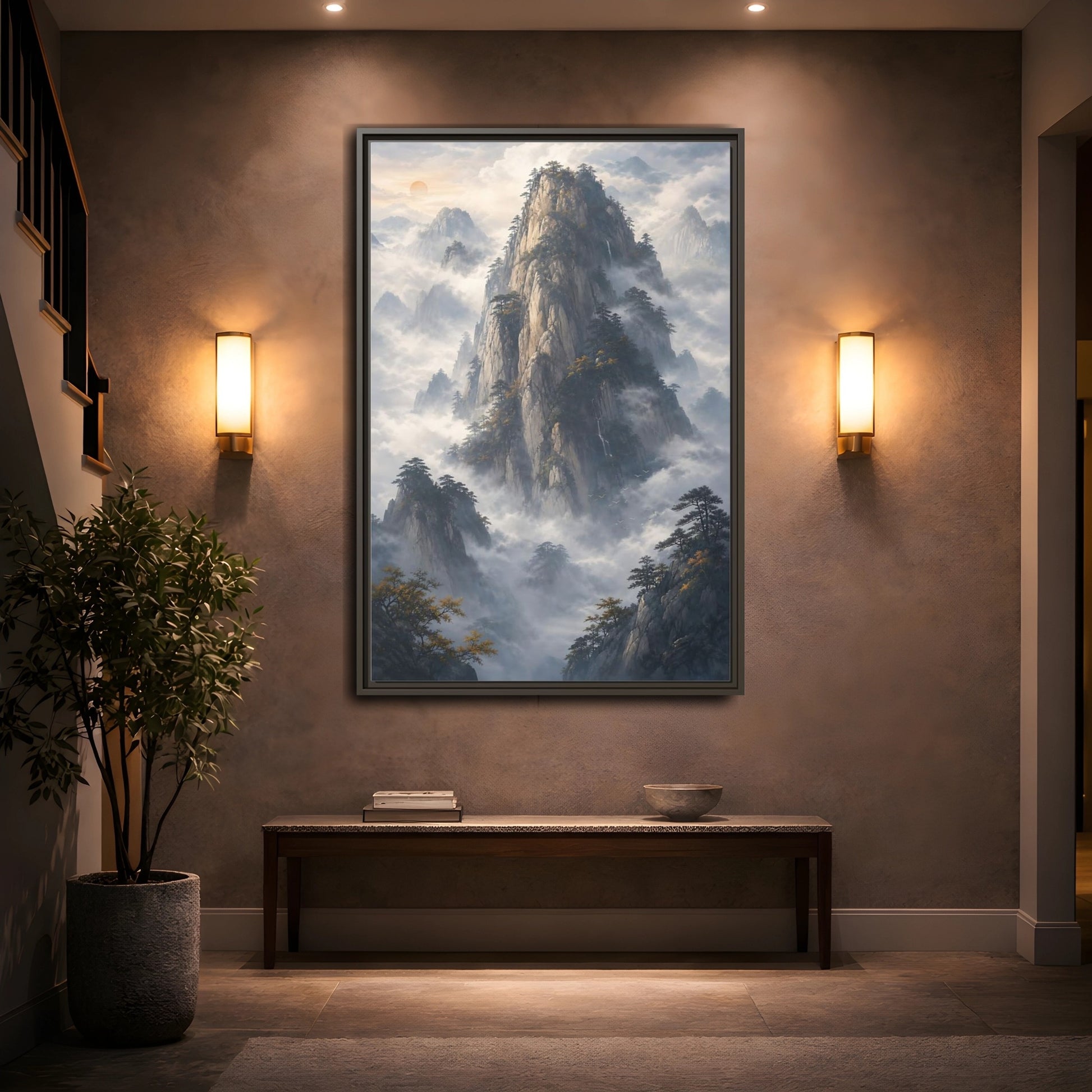 Nature Misty Mountains Framed Canvas Wall Art - Living Room Above Fireplace Earth Tones shown as canvas wall art