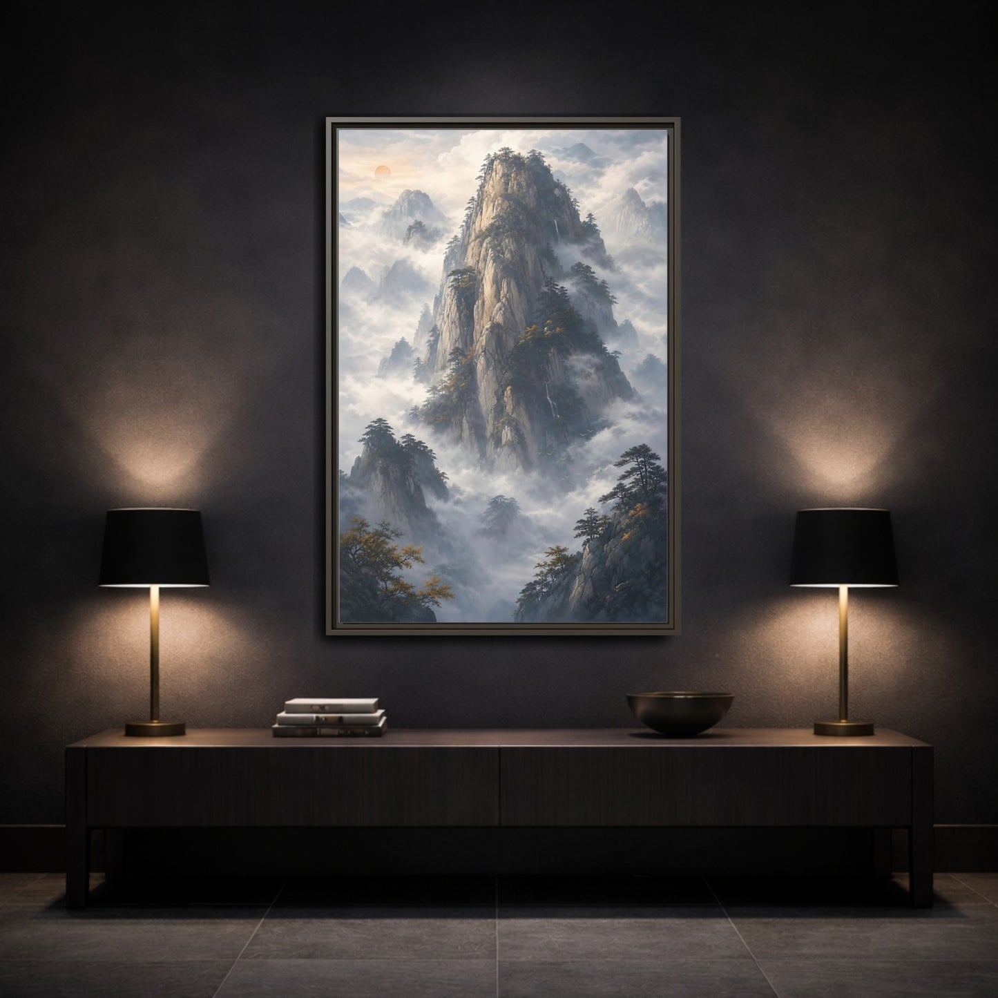 Nature Misty Mountains Framed Canvas Wall Art - Living Room Above Fireplace Earth Tones shown as canvas wall art