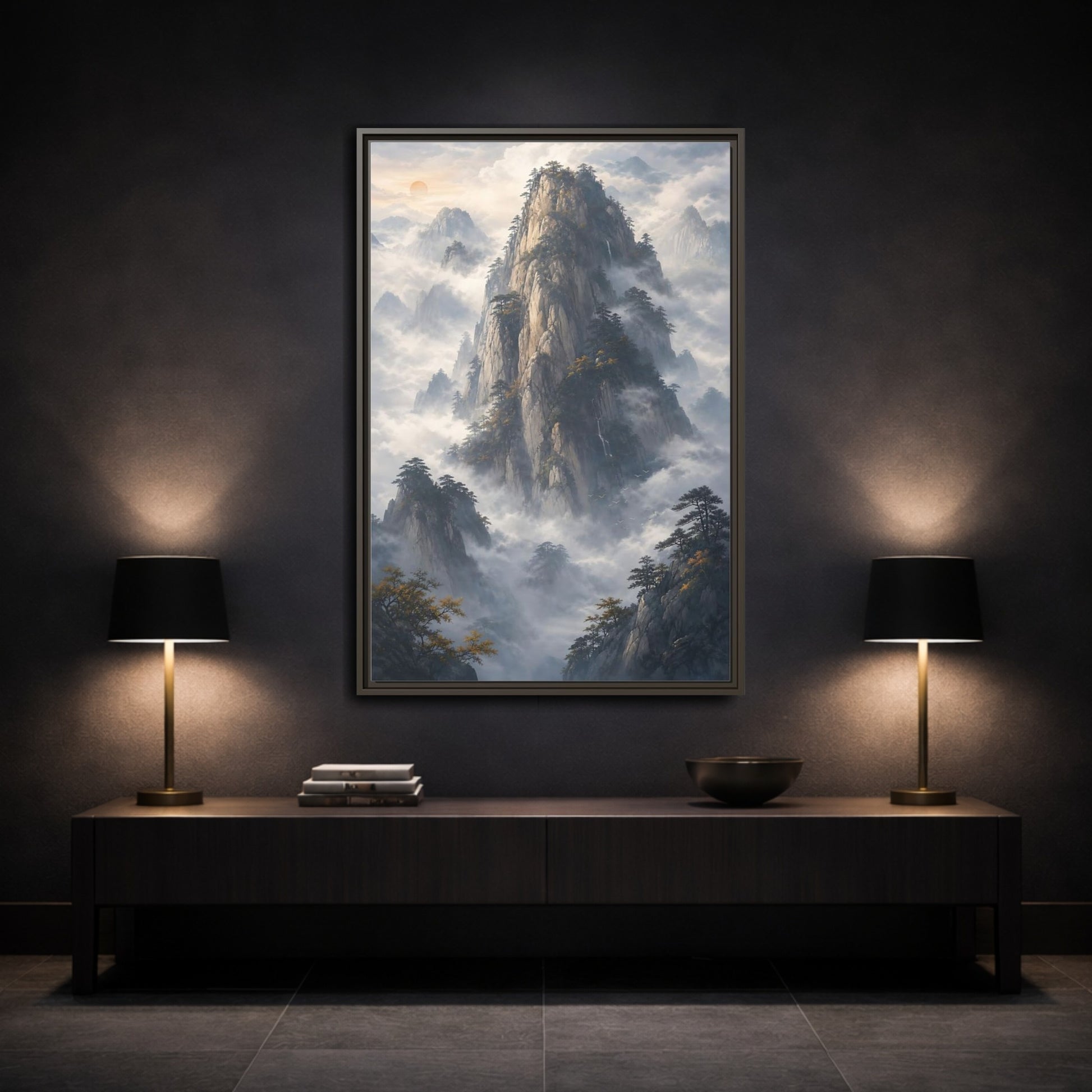 Nature Misty Mountains Framed Canvas Wall Art - Living Room Above Fireplace Earth Tones shown as canvas wall art