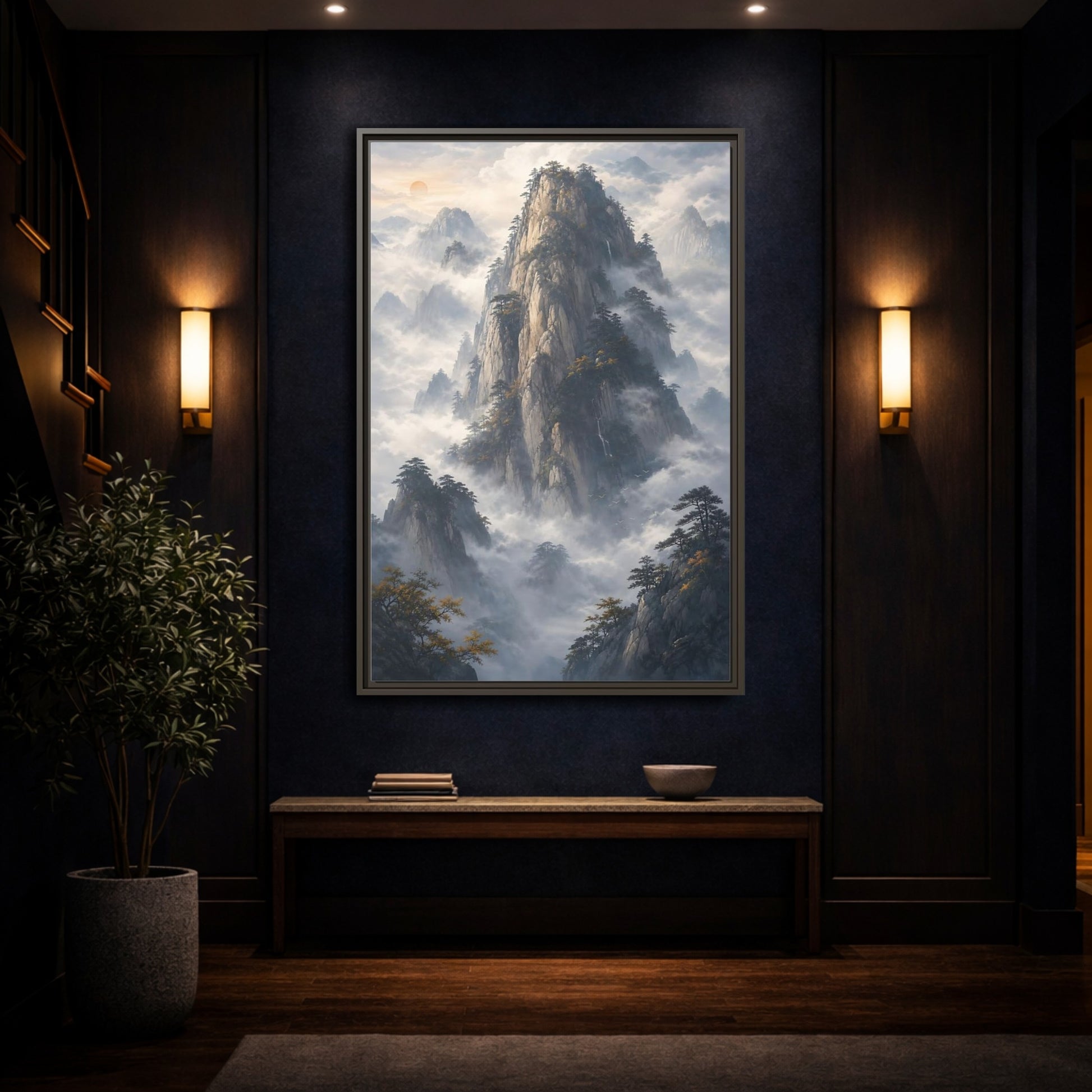 Nature Misty Mountains Framed Canvas Wall Art - Living Room Above Fireplace Earth Tones shown as canvas wall art