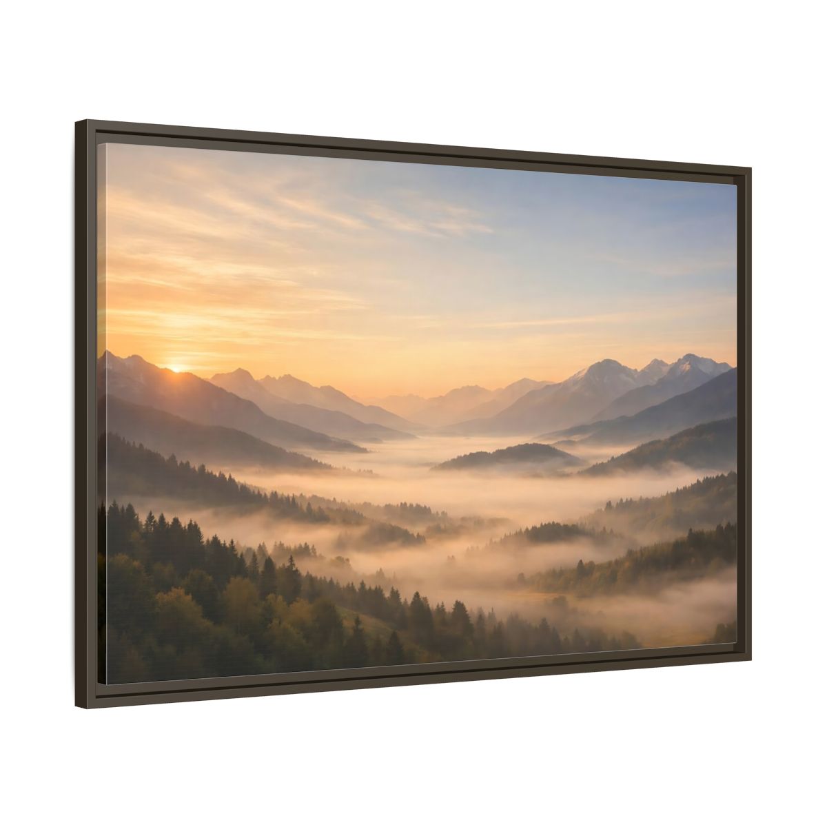 Main Mockup. Nature Misty Mountains Misty Mountain Sunrise shown as stretched canvas wall art