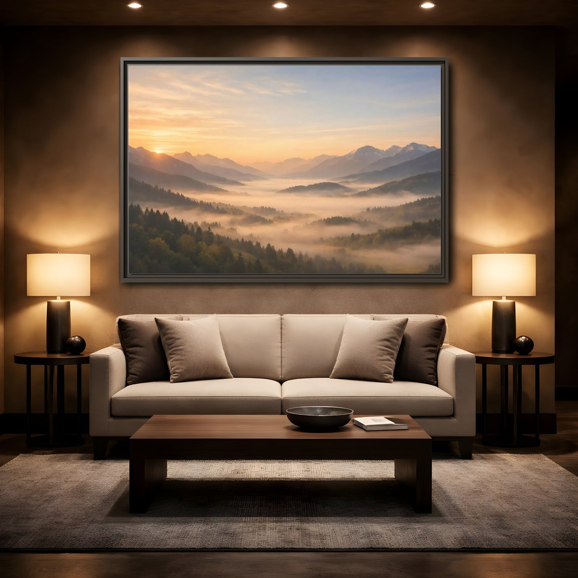 Mockup 2. Nature Misty Mountains Misty Mountain Sunrise shown as stretched canvas wall art