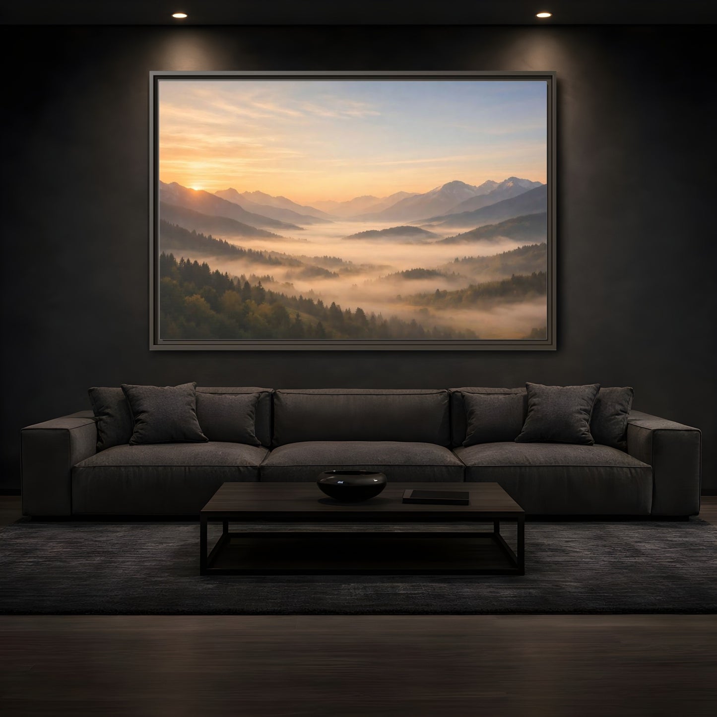 Mockup 3. Nature Misty Mountains Misty Mountain Sunrise shown as stretched canvas wall art